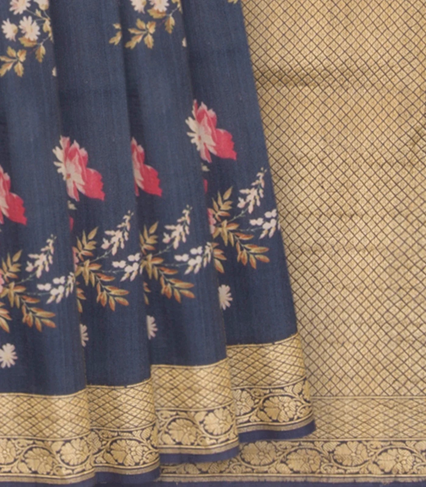 RmKV Dark Blue Handwoven Tussar Printed Silk Saree With Vine Motifs in Zari Border & Pallu