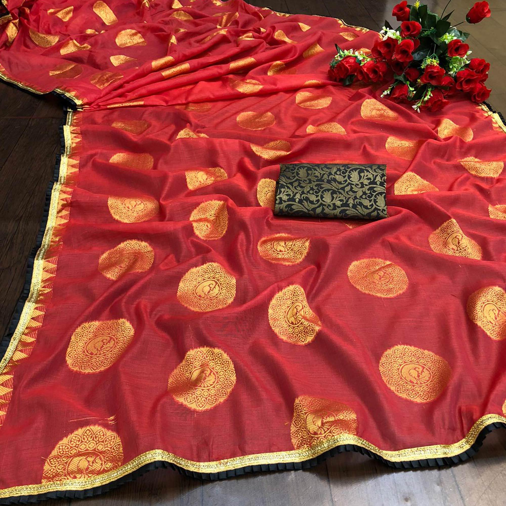 Peachmode Charming Red Colored Festive Wear Woven Cotton Saree