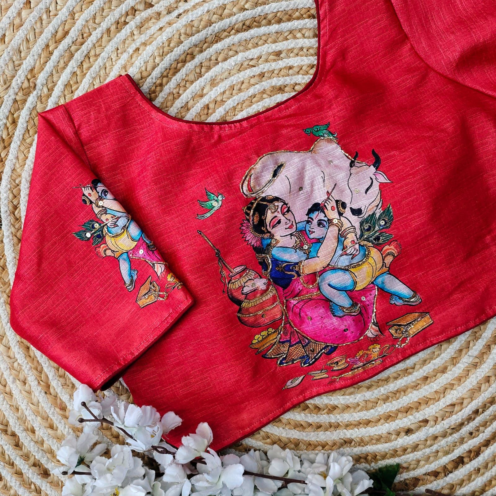 ClothsVilla Red Pure Silk Blouse with Antique Handcrafted Work
