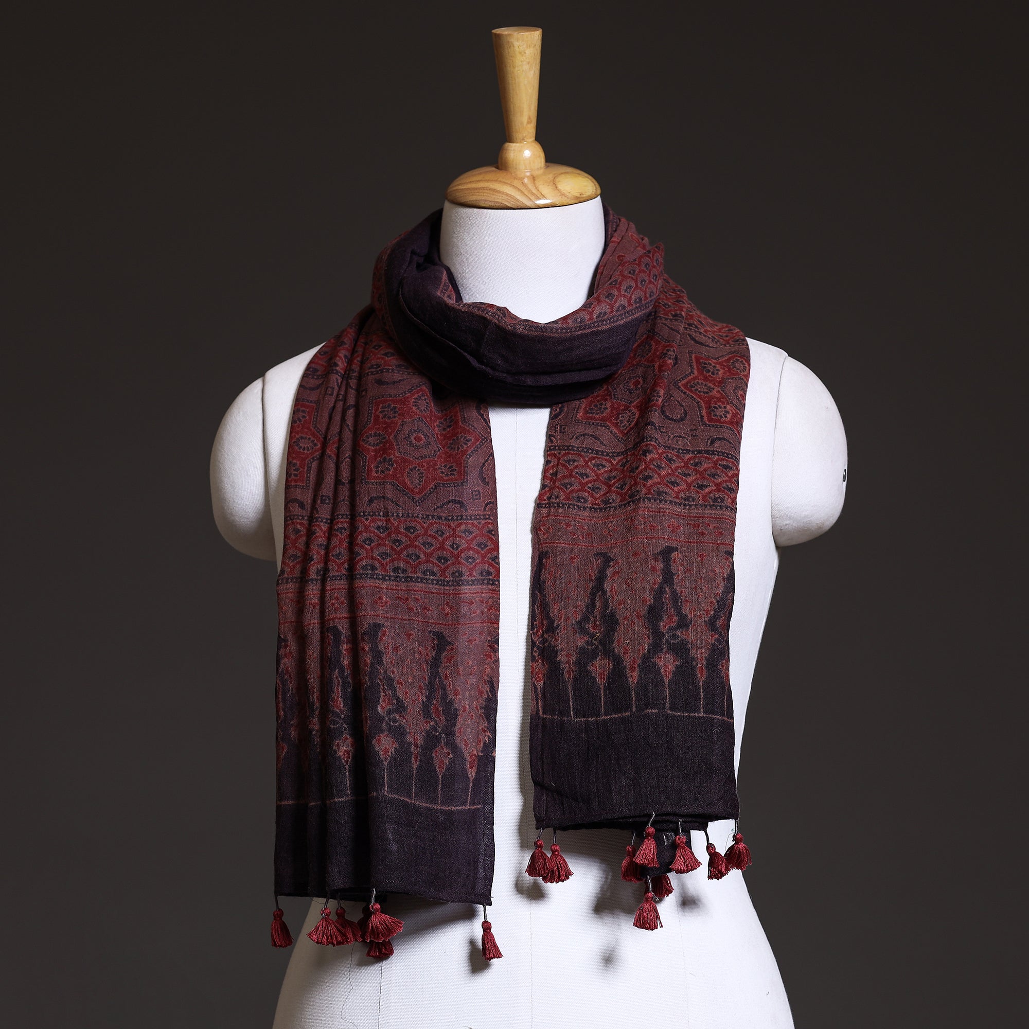 AJRAKH BY SUFIYAN ISMAIL KHATRI Brown - Block Print Woolen Ajrakh Stole