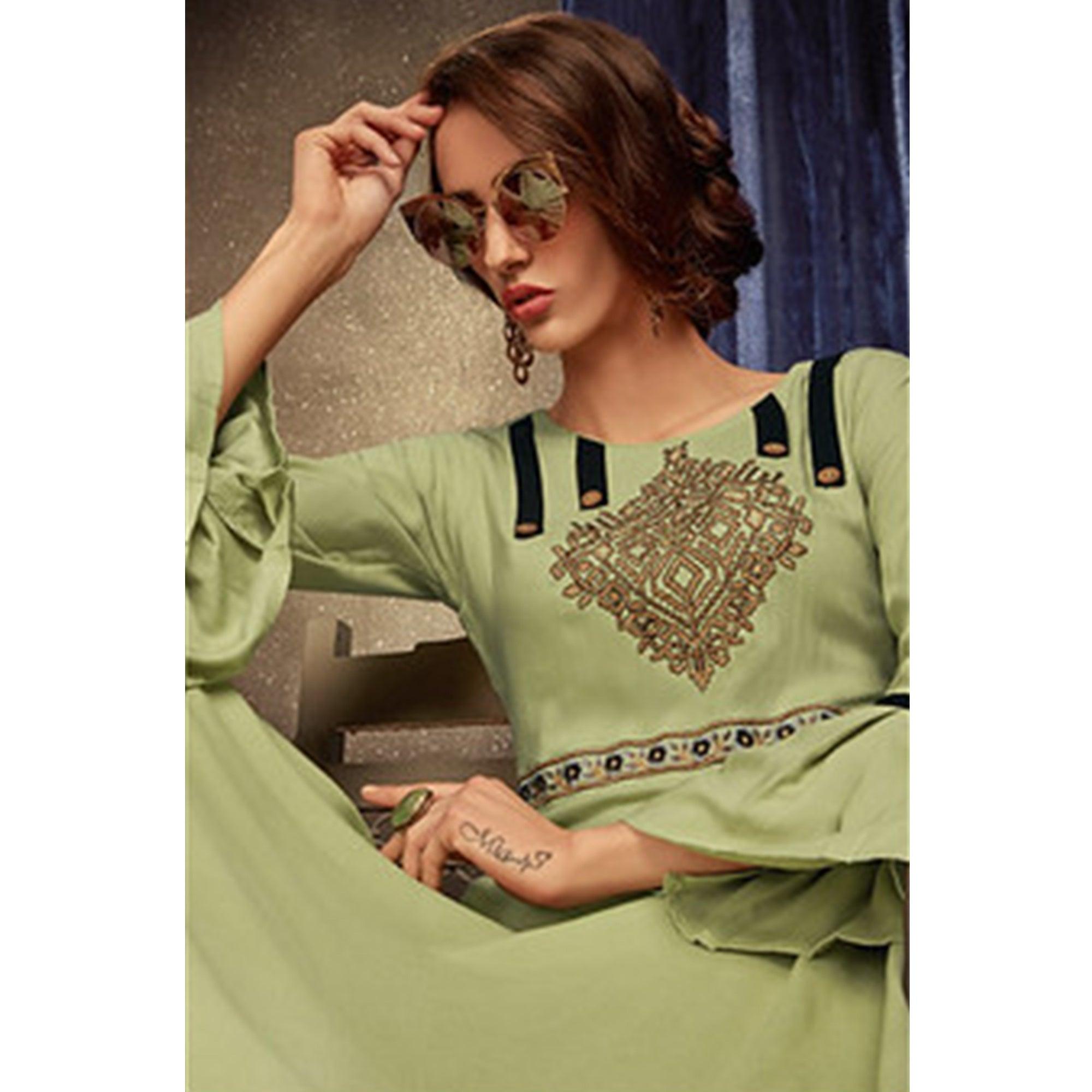 Peachmode Seller Breathtaking Pista Green Colored Partywear Embroidered Rayon Long Kurti - view 2
