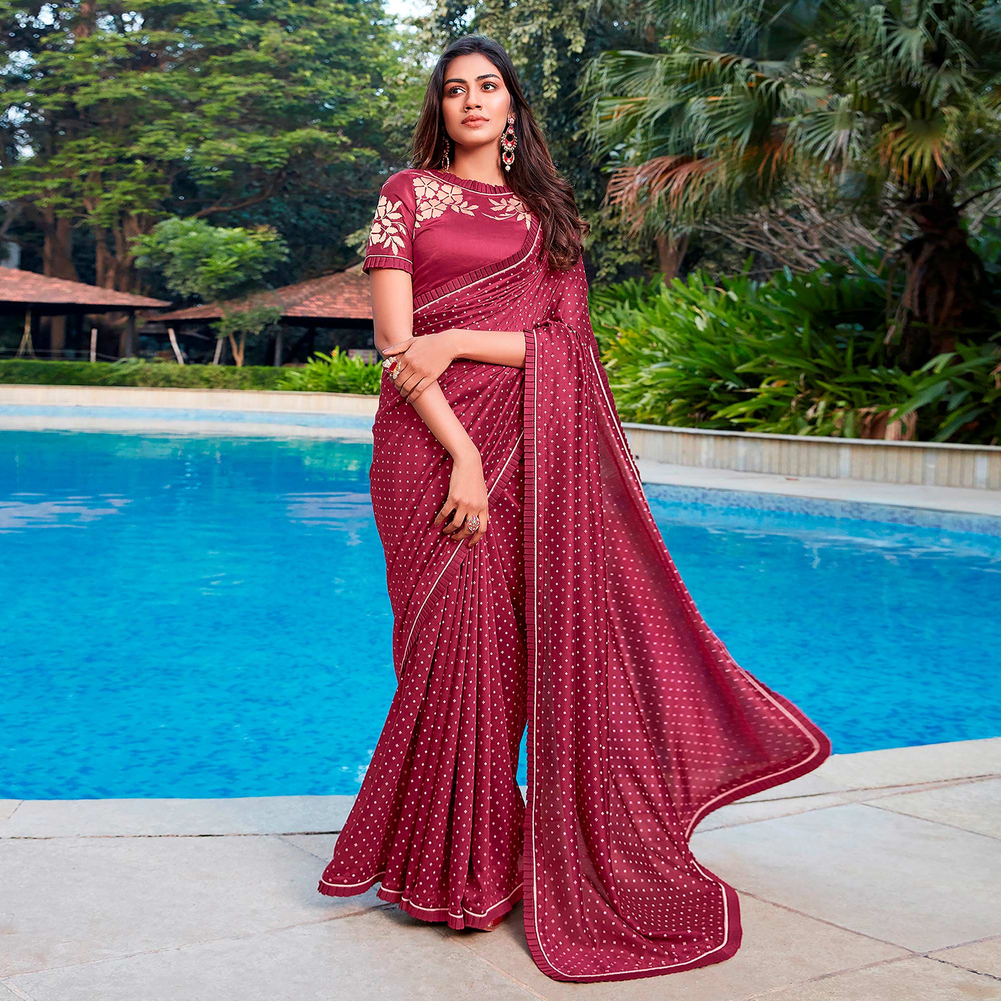 Peachmode Maroon Printed With Pleated Border Cotton Silk Saree