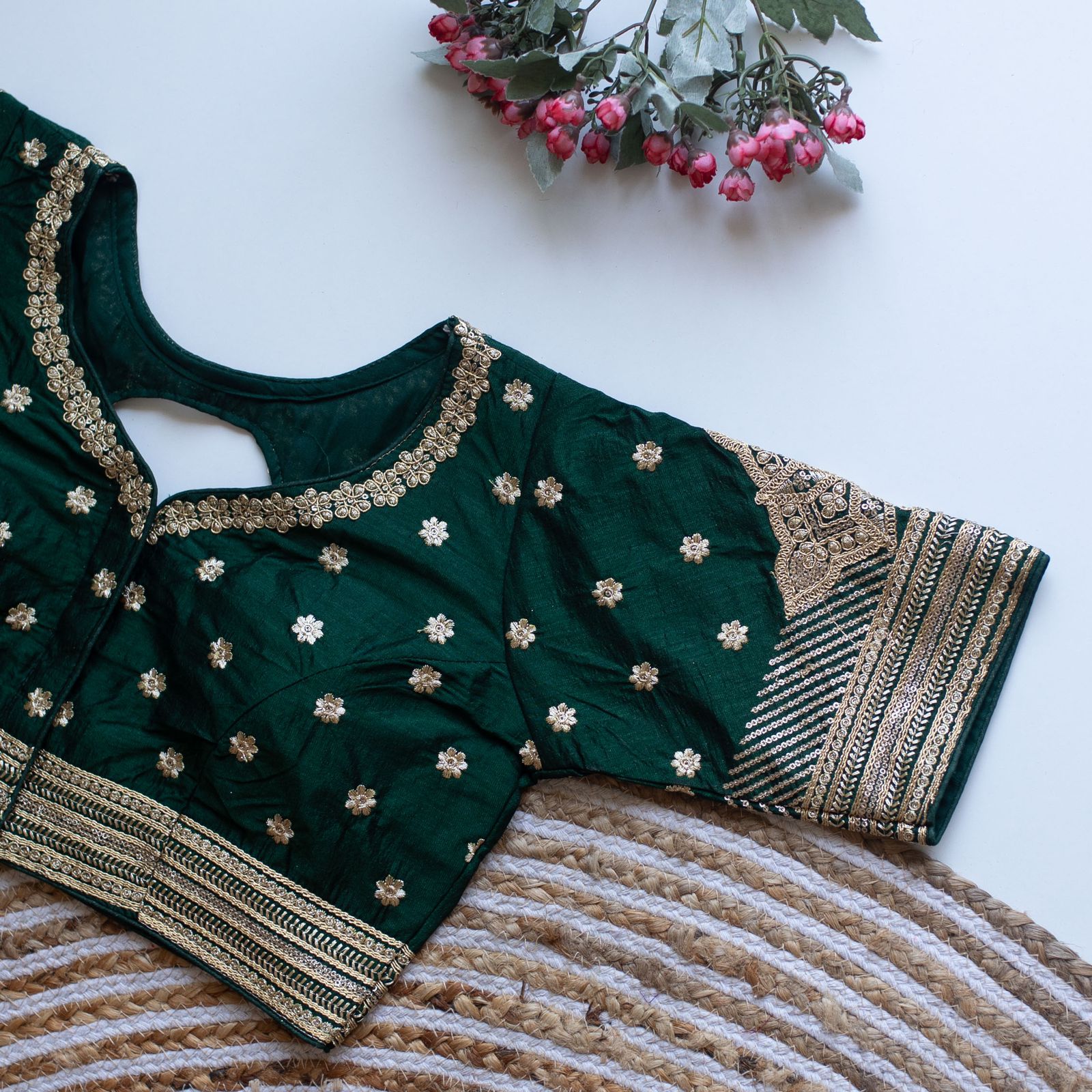 ClothsVilla Dark Green Golden Embroidered Blouse with Sequins – Caterpillar Silk Elegance