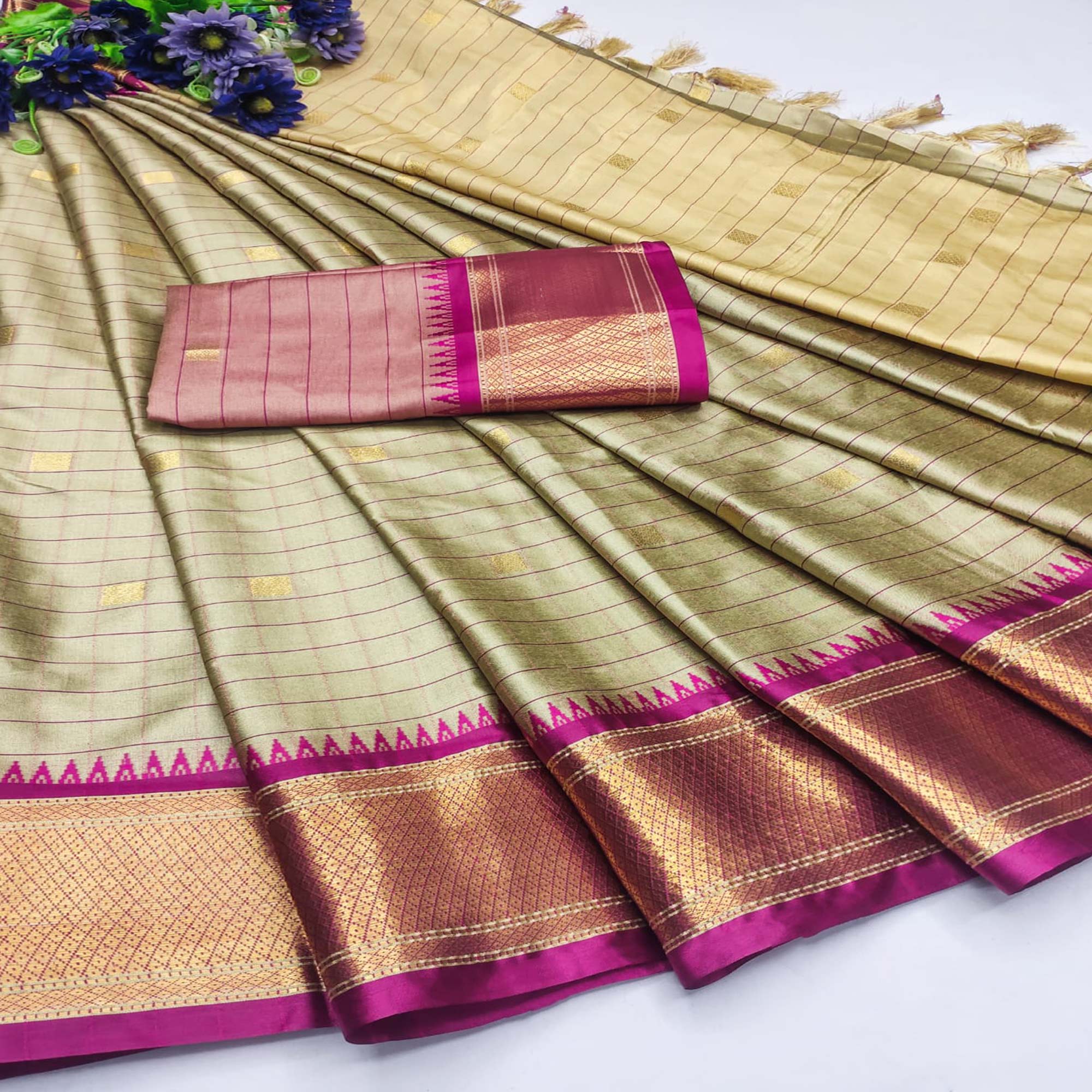 Peachmode Chikoo & Magenta Woven Cotton Silk Saree With Tassels