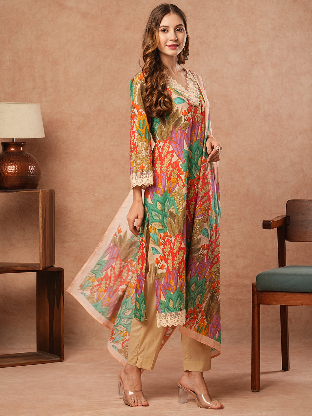 FASHOR Floral Printed Resham Embroidered Lace Work Kurta with Pants & Dupatta - Multi - view 4