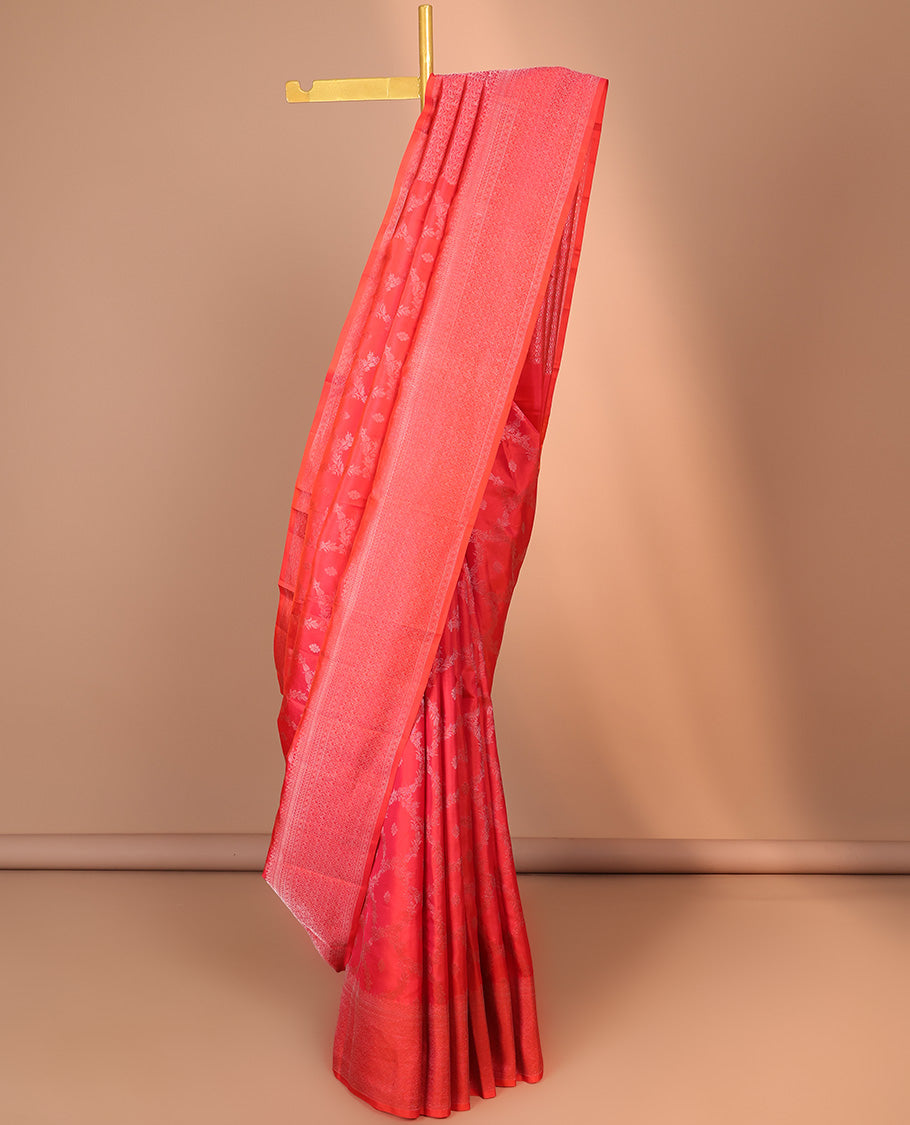 Pothys Red floral jacquard silk saree, traditional zari designs & pallu of paisley designs