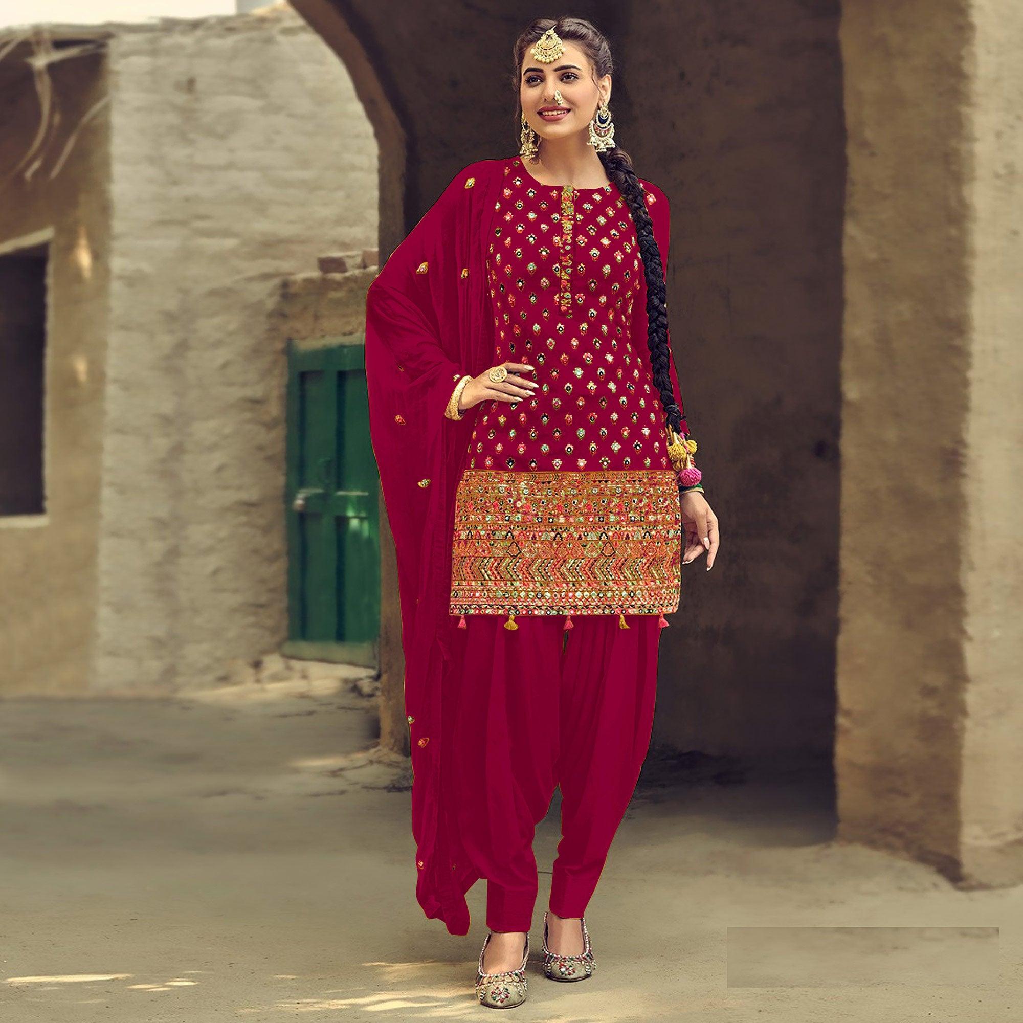 Peachmode Festive Wear Dark Pink Sequins Embroidery Work Faux Georgette Patiala Suit
