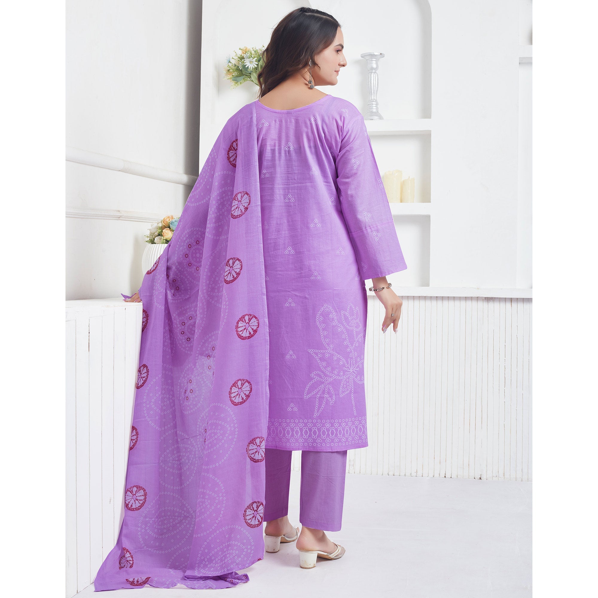Peachmode Lavender Printed Pure Cotton Salwar Suit With Mirror Work - view 6