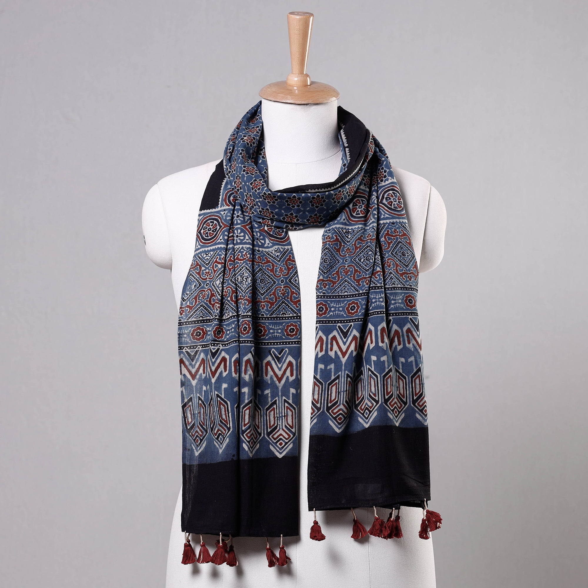 RIYAZ ABDULMAJID KHATRI - AJRAKH Blue - Ajrakh Block Printed Mul Cotton Stole with Tassels