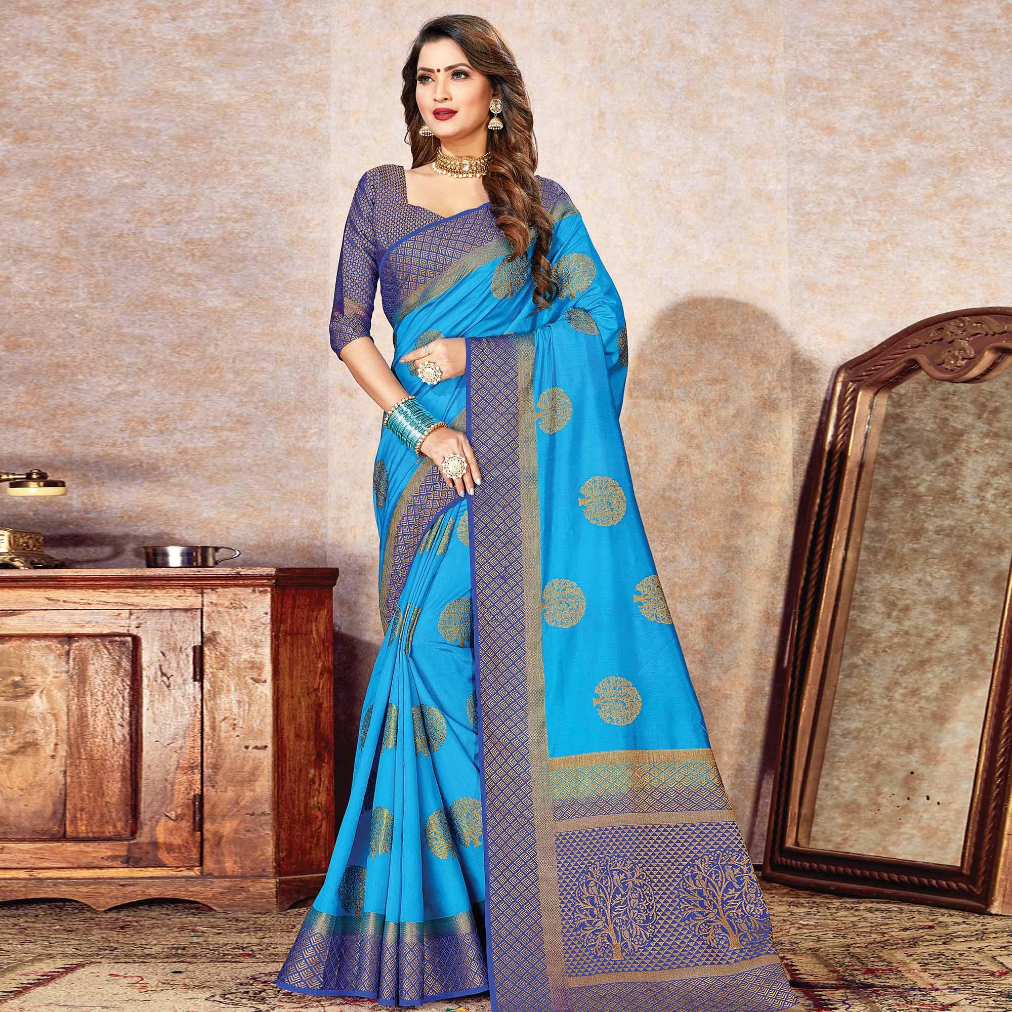 Peachmode Exotic Blue Colored Festive Wear Woven Cotton Silk Saree
