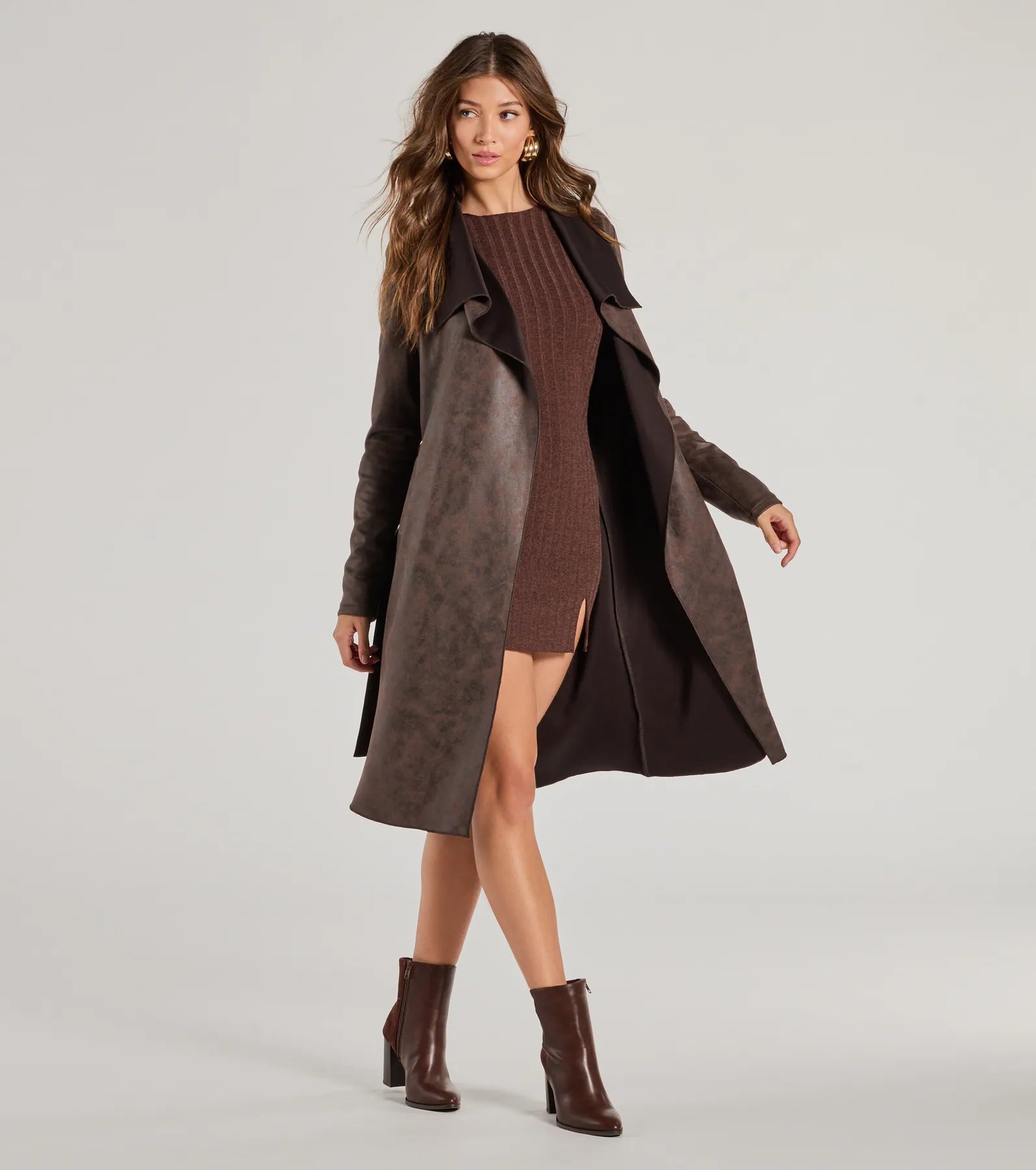 Windsor Chic Impression Faux Suede Belted Trench Coat - view 4
