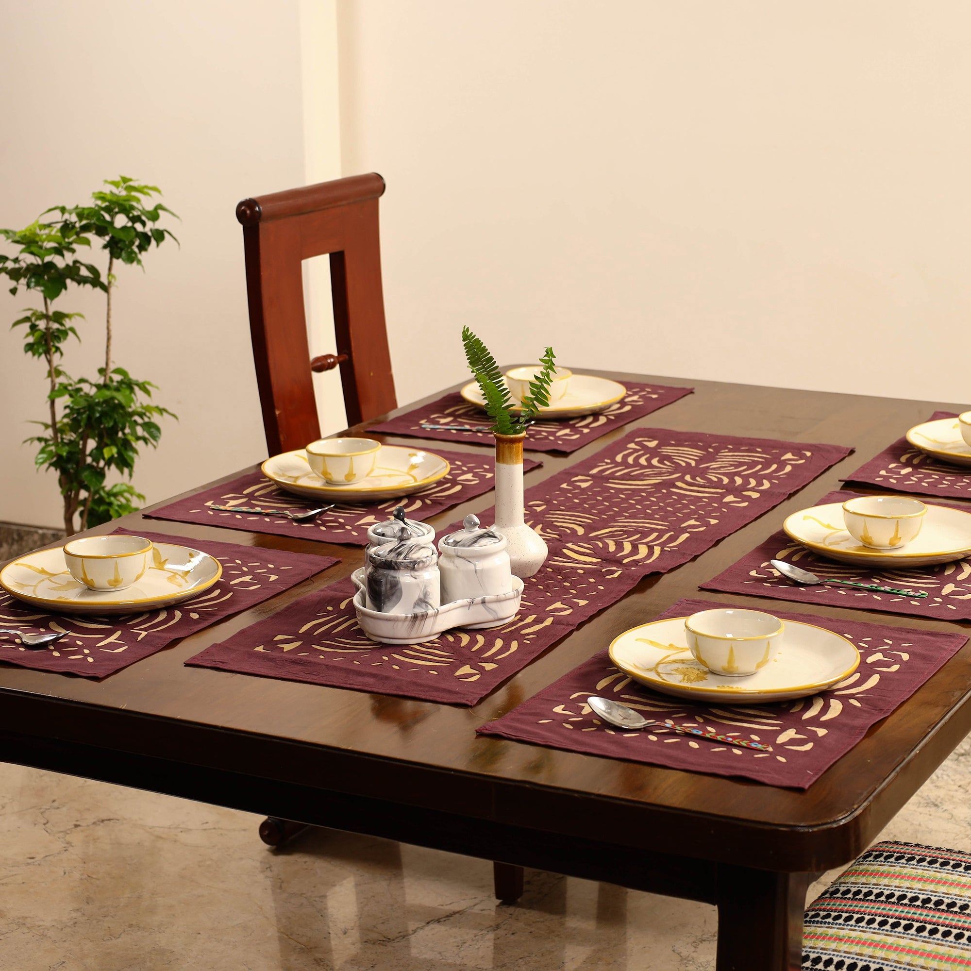 SHADES OF MARUDHARA Brown - Applique Cut Work Table Runner with Table Mat Set 08