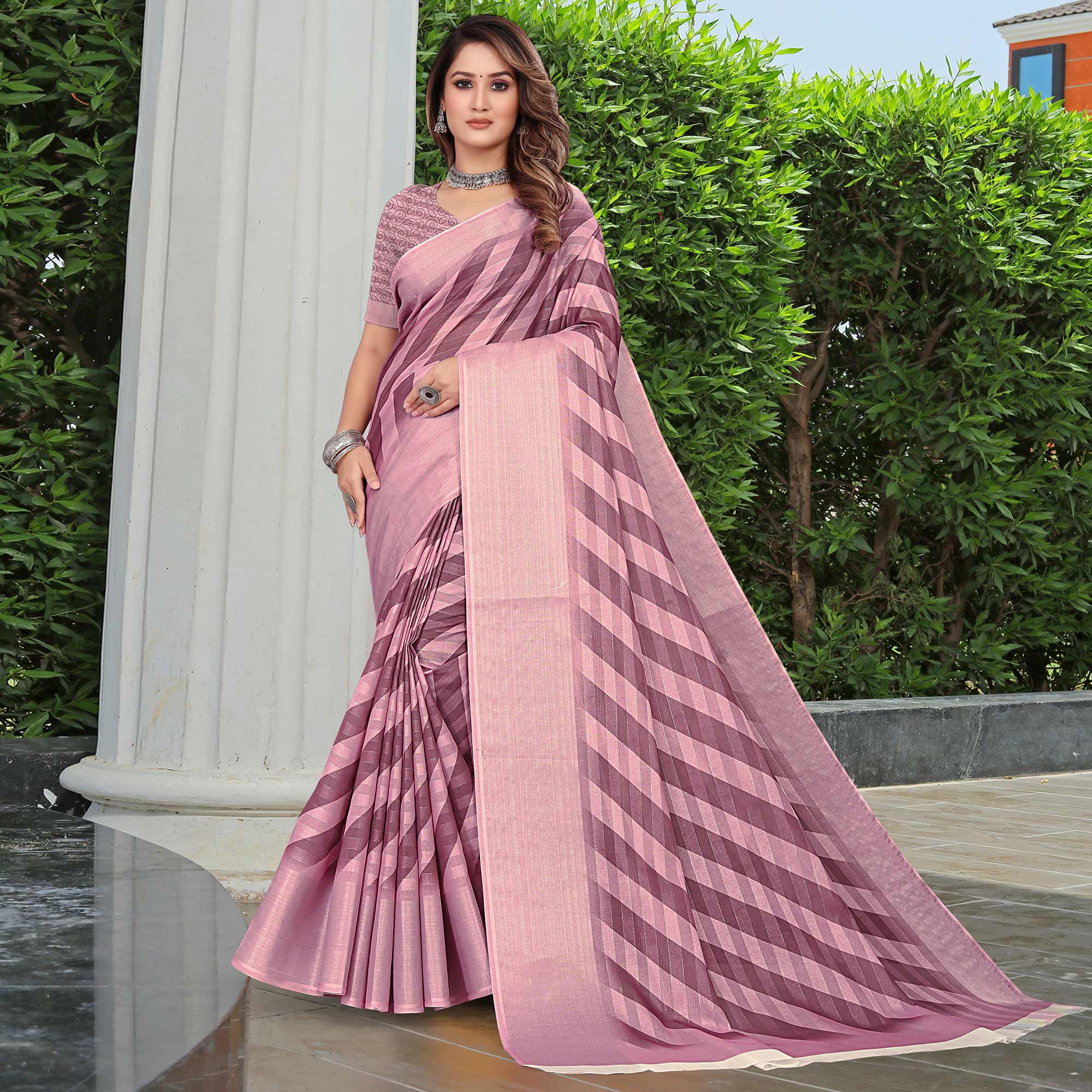 Peachmode Mauve Printed Pure Cotton Saree – Women's