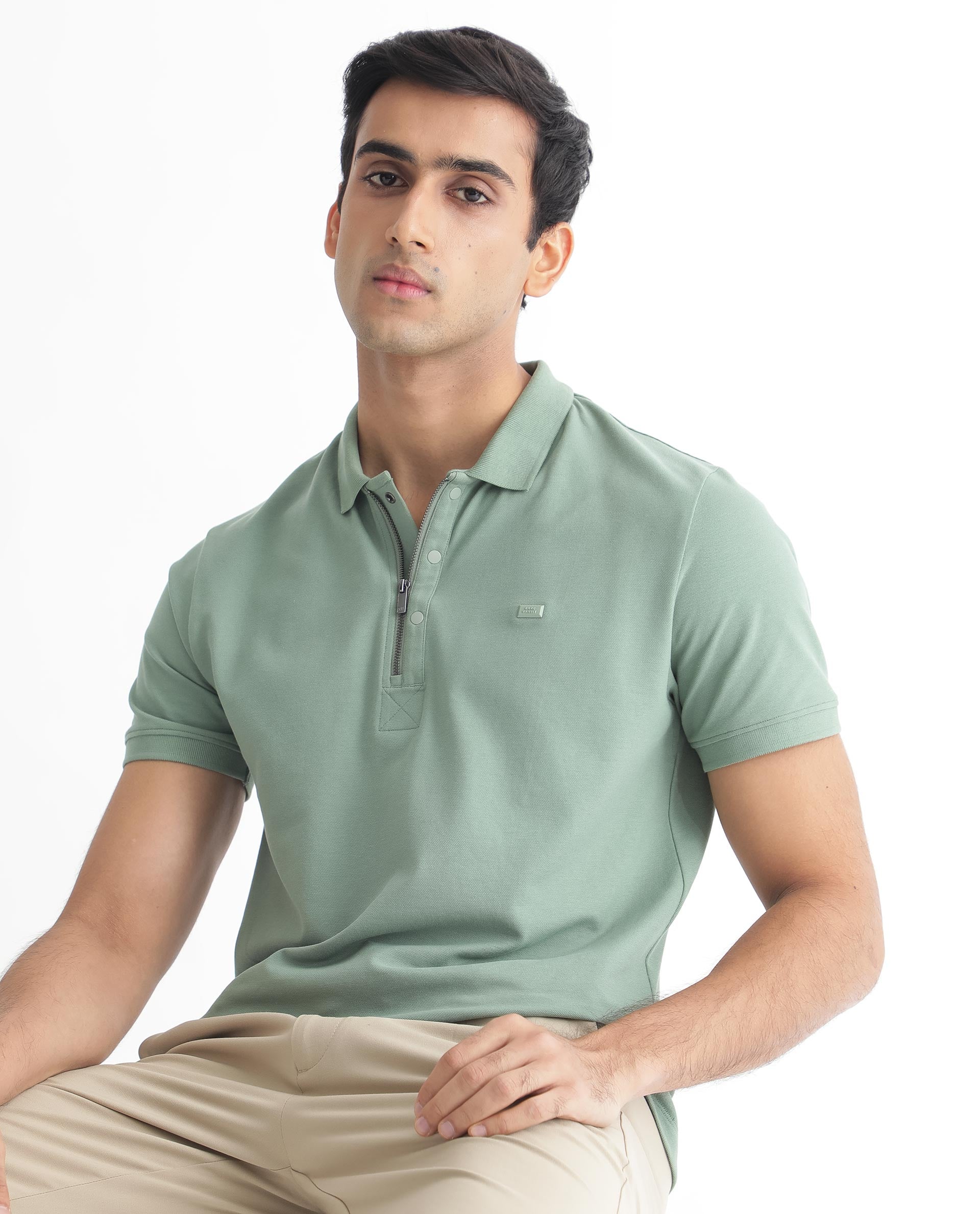 Rare Rabbit Men's Saliso Light Green Cotton Fabric Collared Neck Zipper and Snap Button Closure Half Sleeve Polo T-Shirt - view 4