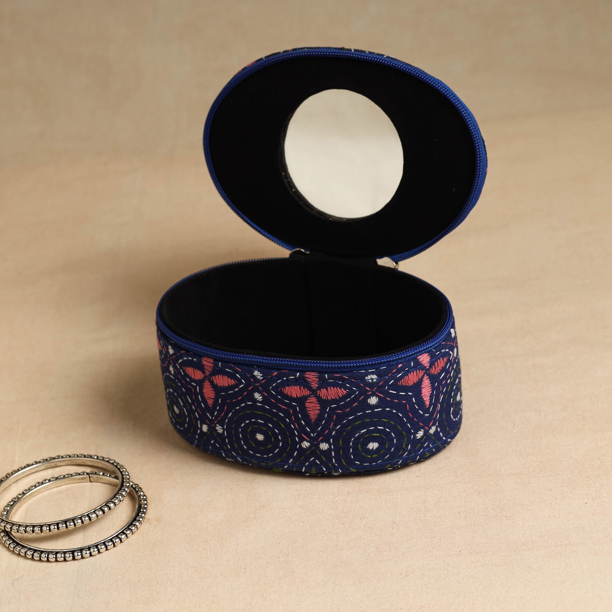 ASALKAAR Blue - Bengal Kantha Work Handcrafted Oval Jewelry Box with Mirror 17 - view 2