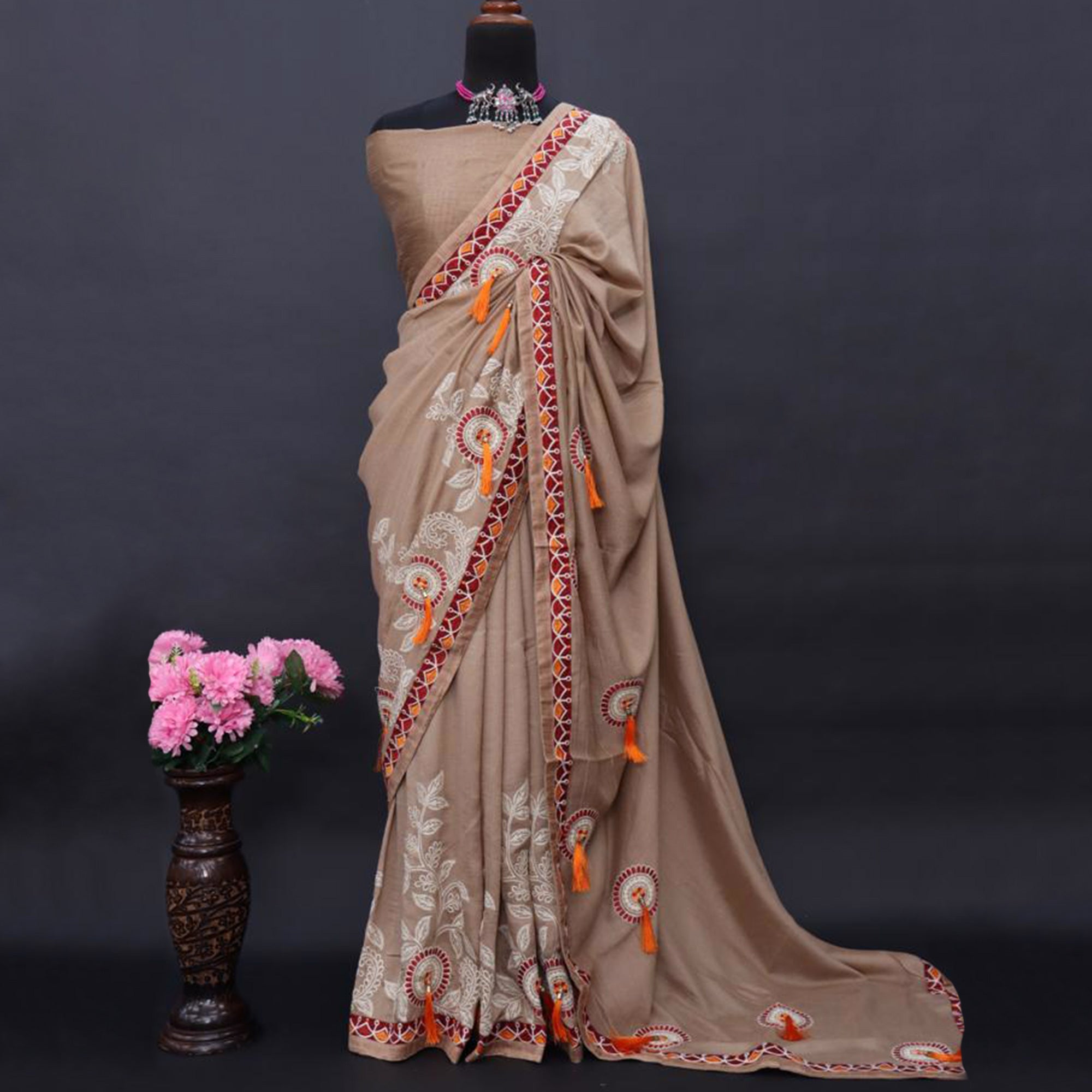 Peachmode Dark Chikoo Embroidered Vichitra Silk Saree