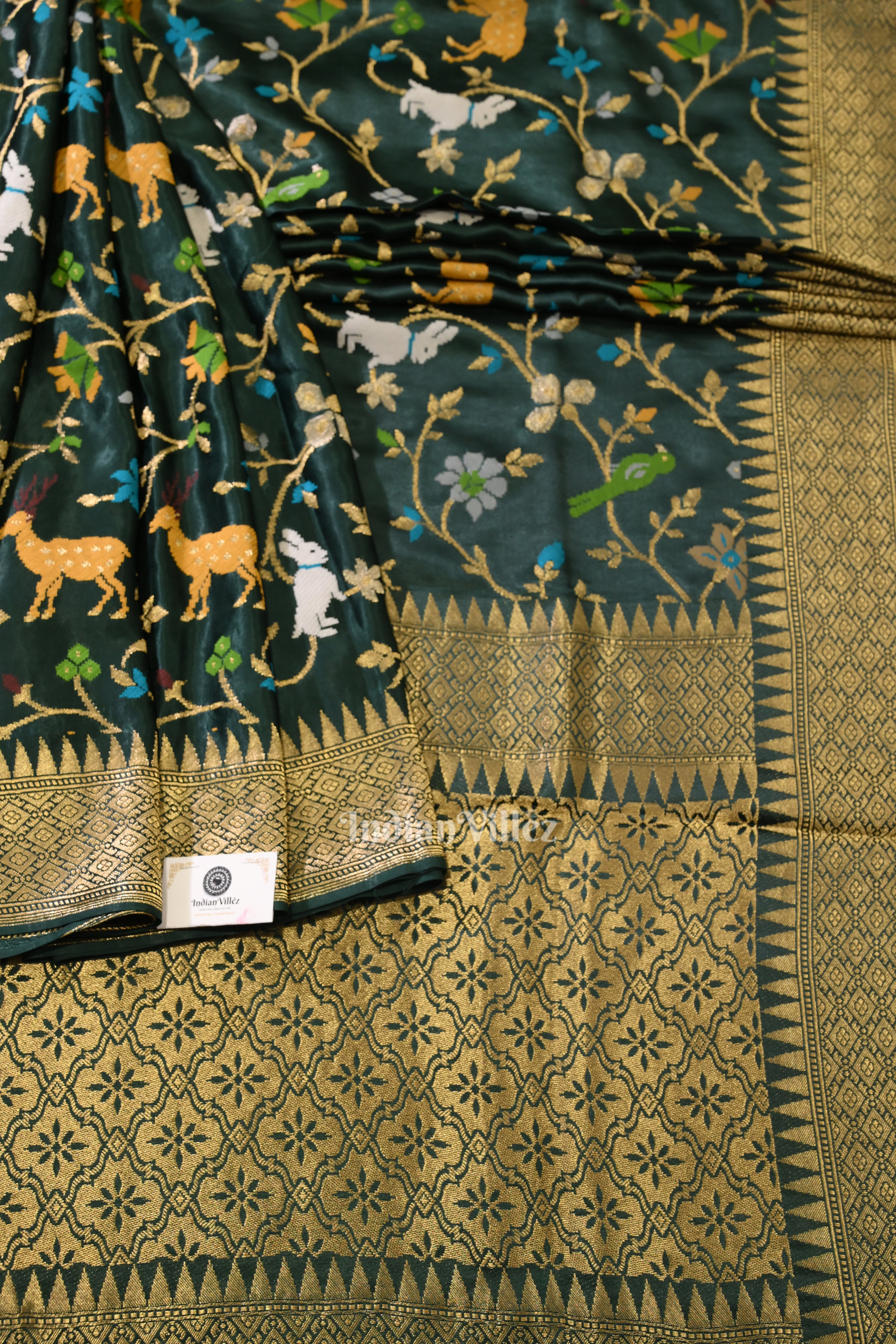 IndianVillèz Dark Green Vintage Shikargah Theme Tussar Khaddi Georget Banarasi Saree