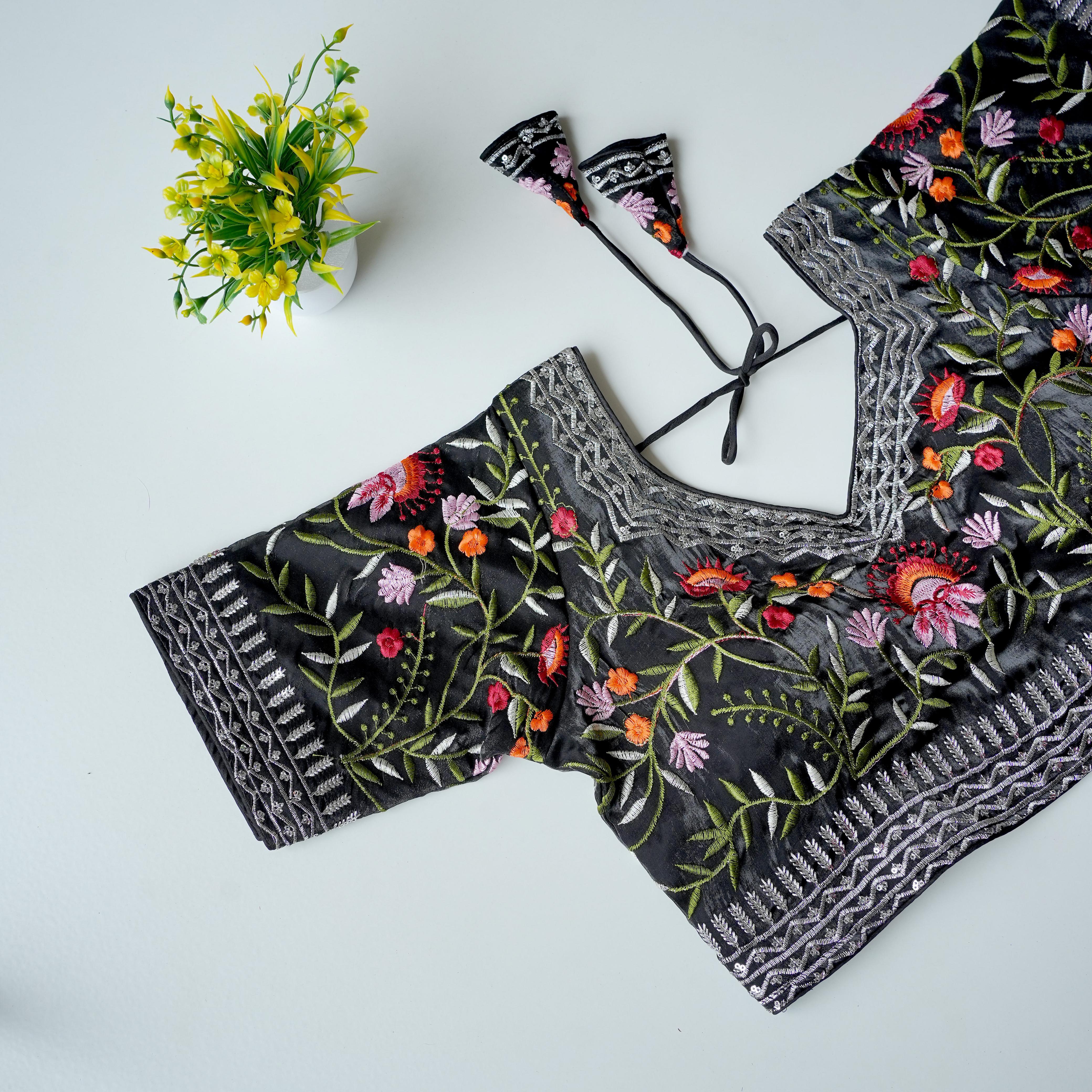 ClothsVilla Black Multi-Color Embroidered Jimmy Choo Silk Blouse