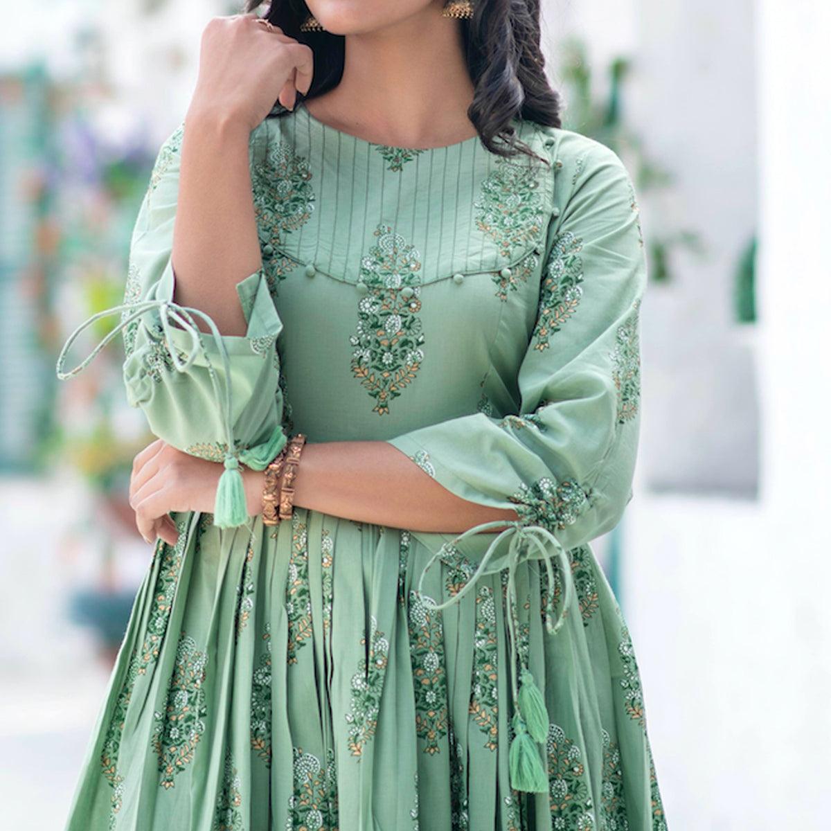 Peachmode Seller Marvellous Moss Green Colored Partywear Digital Printed Pure Muslin Gown - view 2