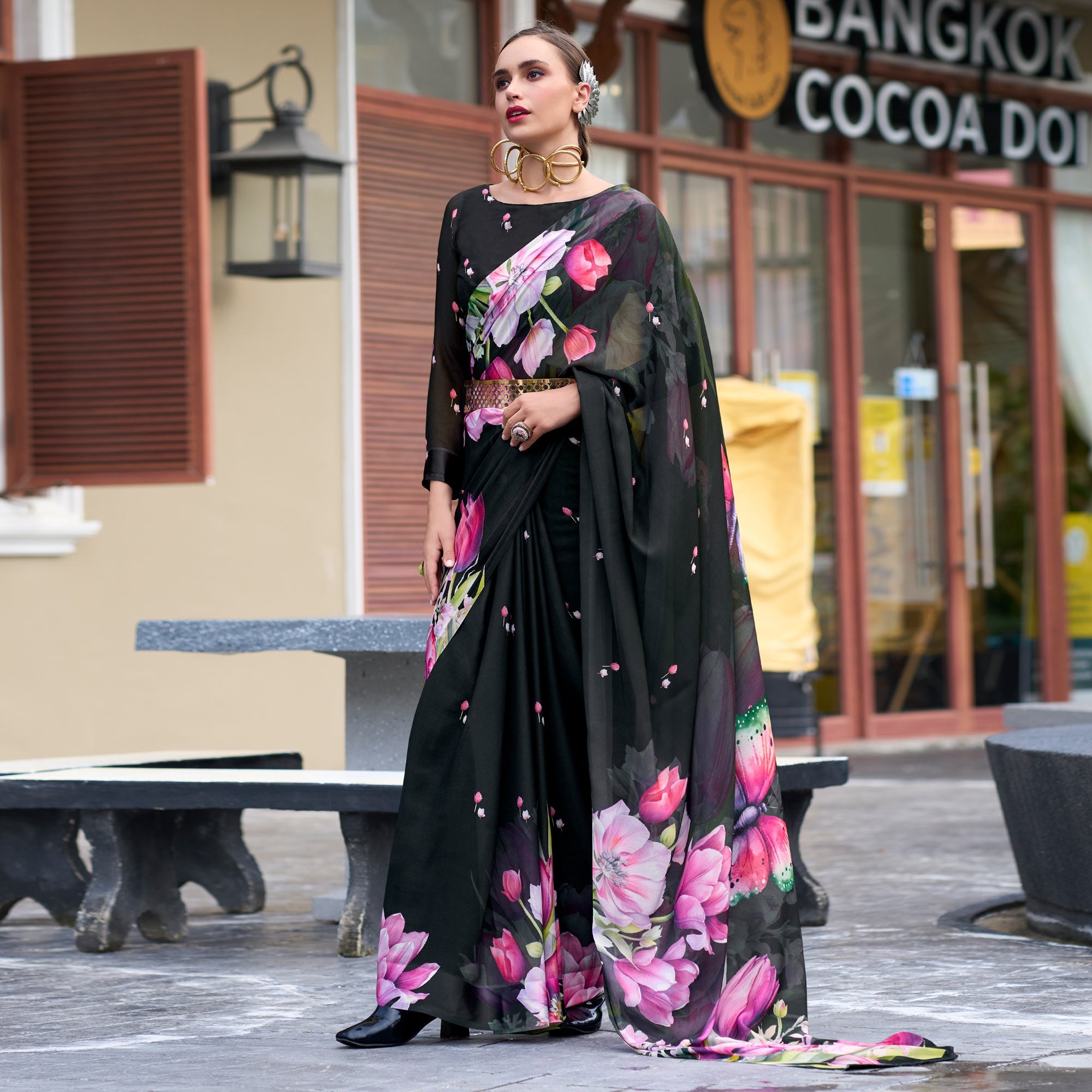 Peachmode Black Floral Printed Georgette Saree - view 2