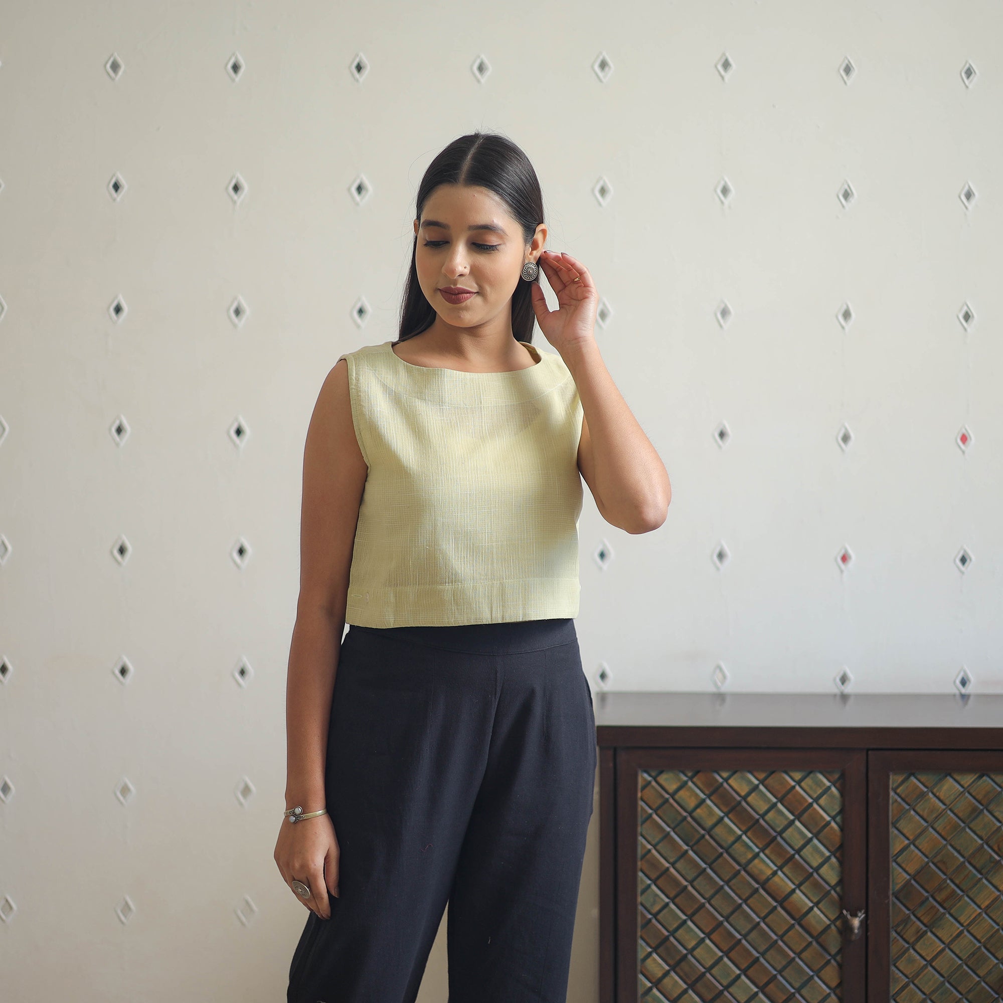 CREYO Beige - Handwoven Cotton Plain Crop Top with Side Buttons 04