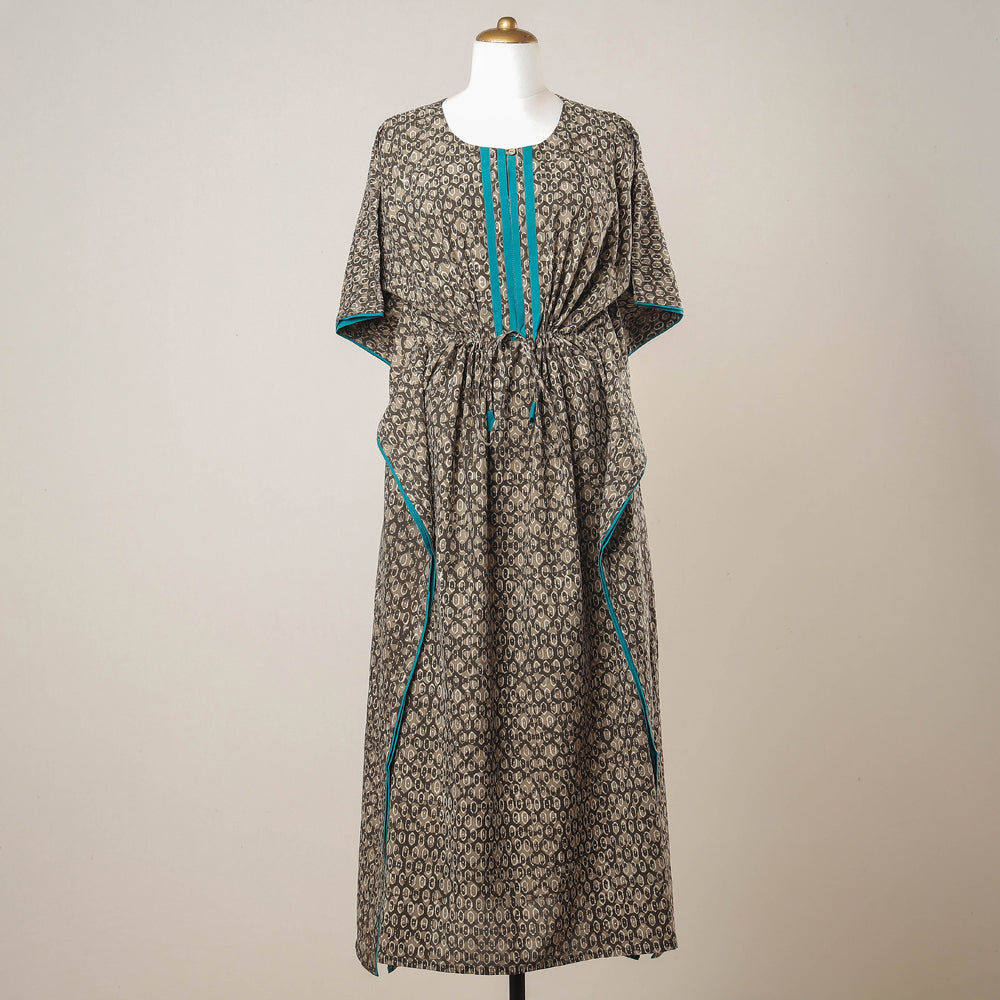 THE SAFFRON SAGA Brown - Pipad Hand Block Printed Cotton Kaftan with Tie-Up Waist (Long)