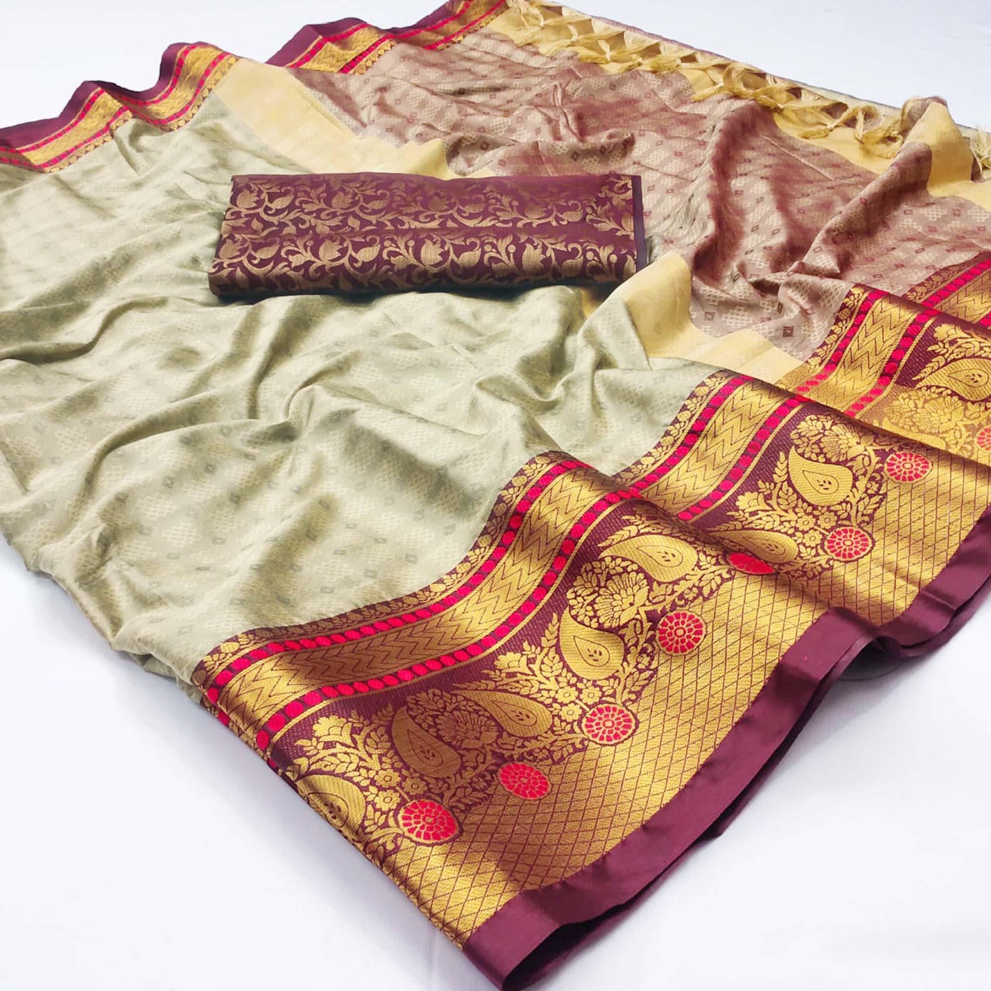 Peachmode Chikoo Woven Cotton Silk Saree With Tassels