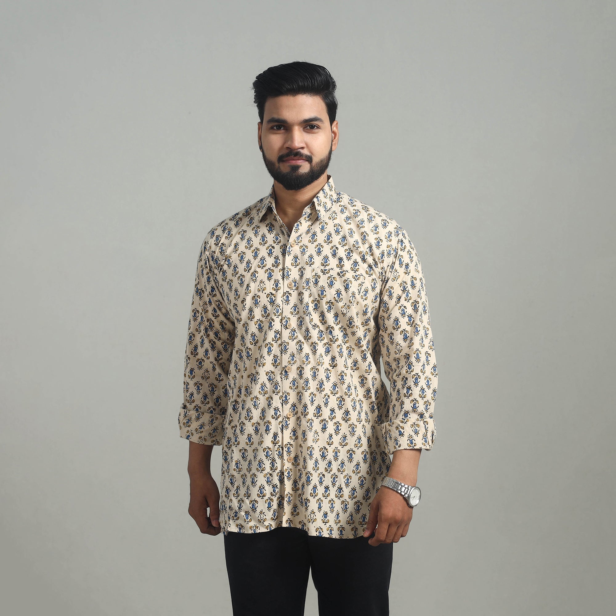 ITOKRI CASUALS Beige - Natural Dyed Cotton Men Ajrakh Print Shirt 05