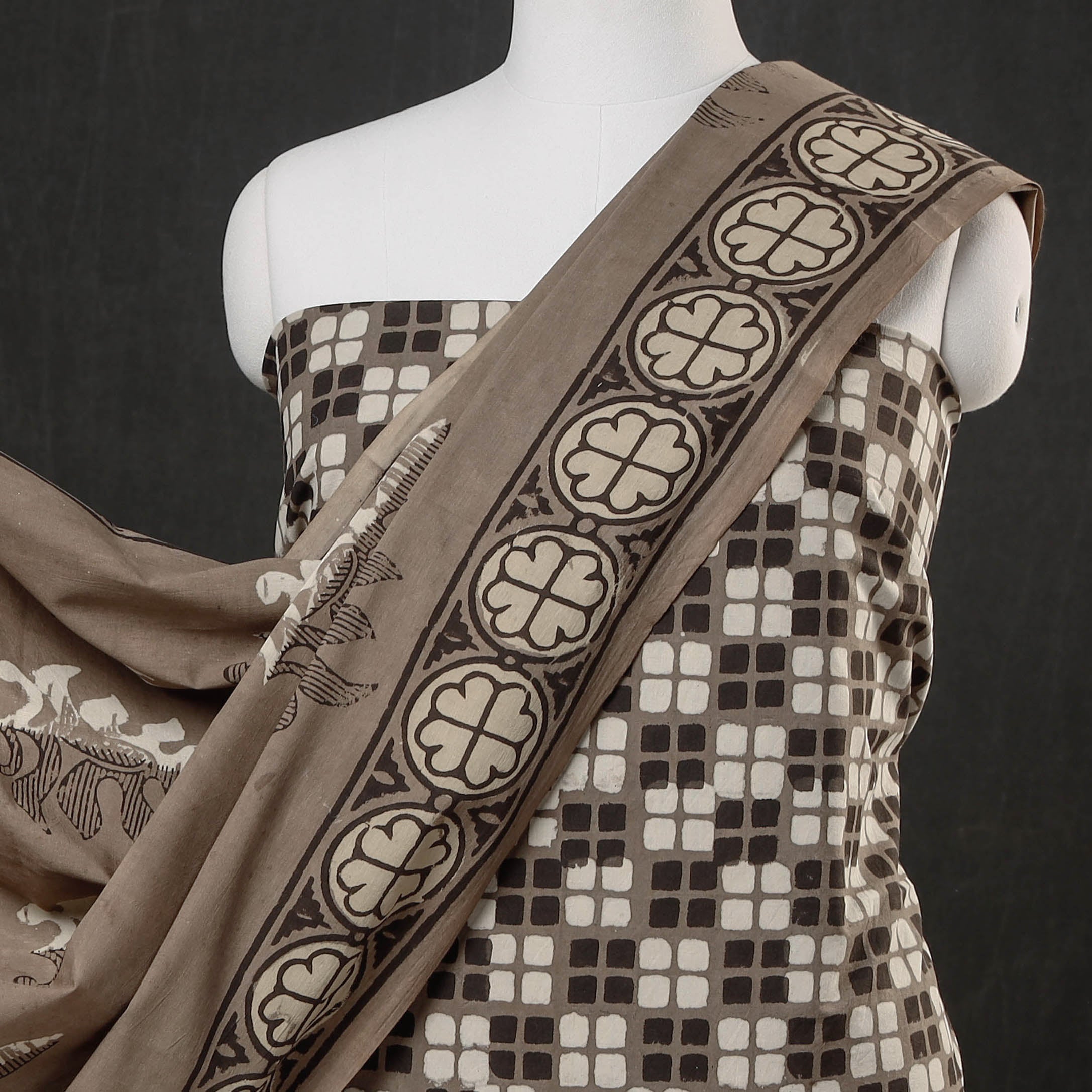 HAVELI CHRONICLES Brown - 3pc Cotton Block Printed Pipad Dress Material Set - view 3