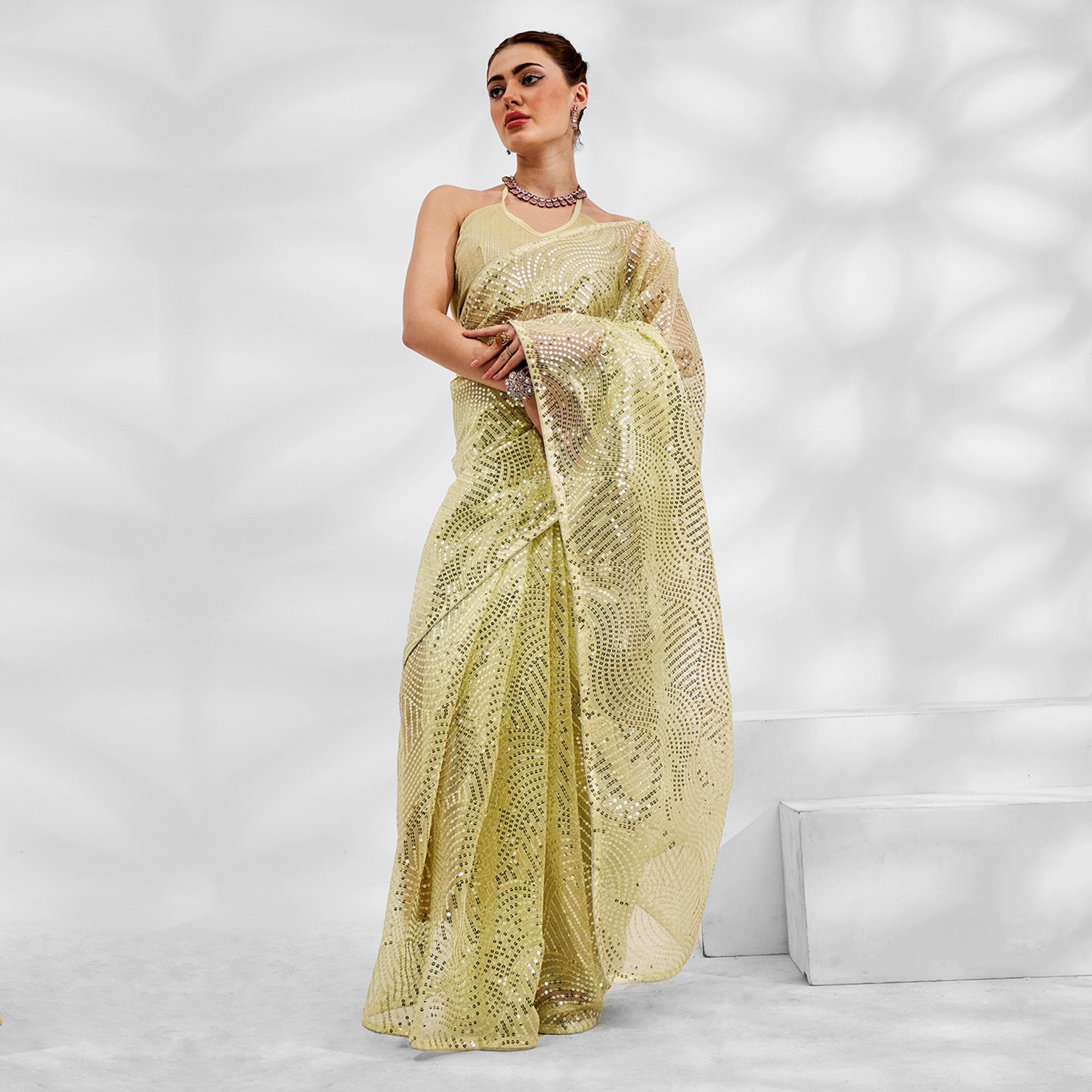 Peachmode Lemon Yellow Embroidered Sequinned Organza Saree