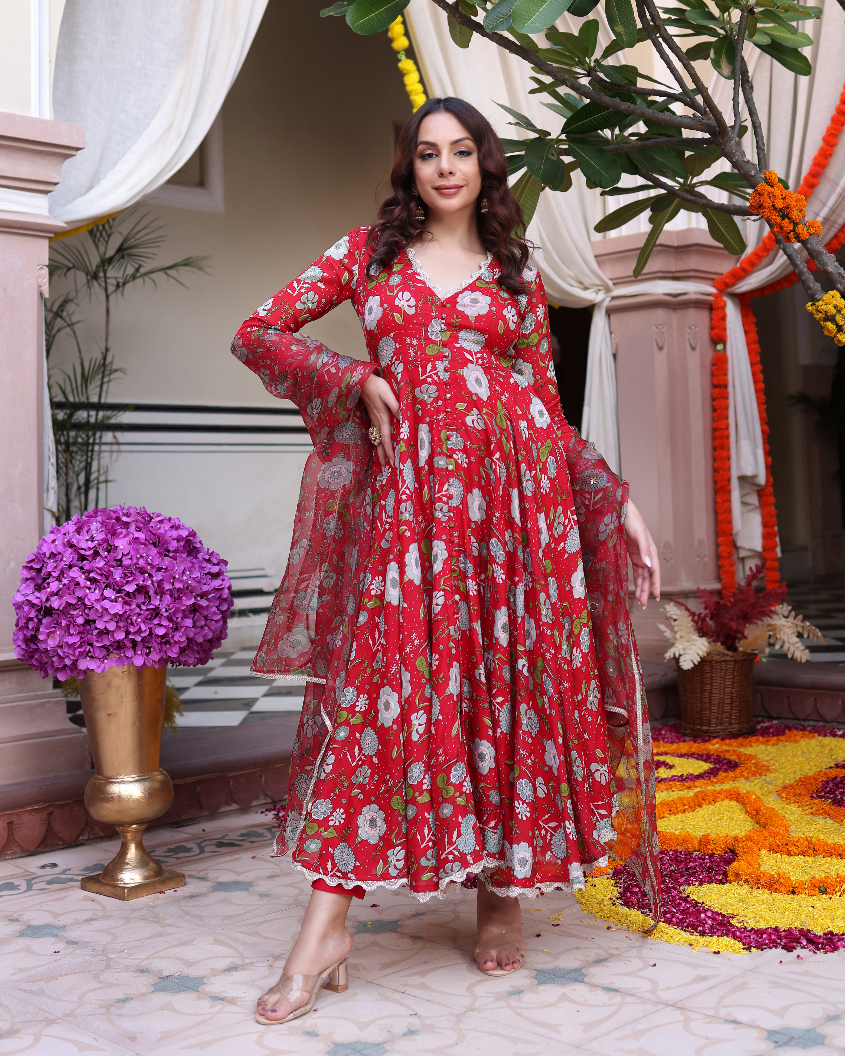 Aachho Red Dahlia Dreamscape Printed Chinon Suit Set - view 2