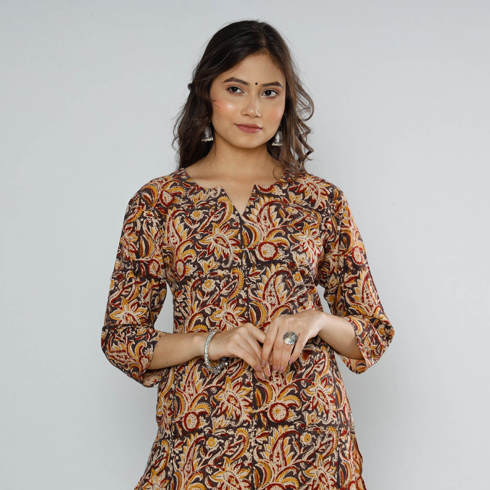 ITOKRI CASUALS Brown - Kalamkari Block Printed Cotton Long Straight Kurta