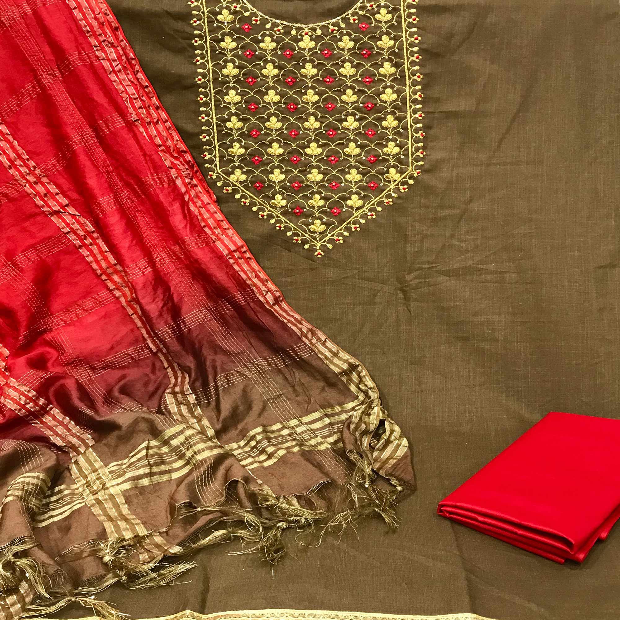 Peachmode Brown Embroidered With Embellished Cotton Blend Dress Material - view 3