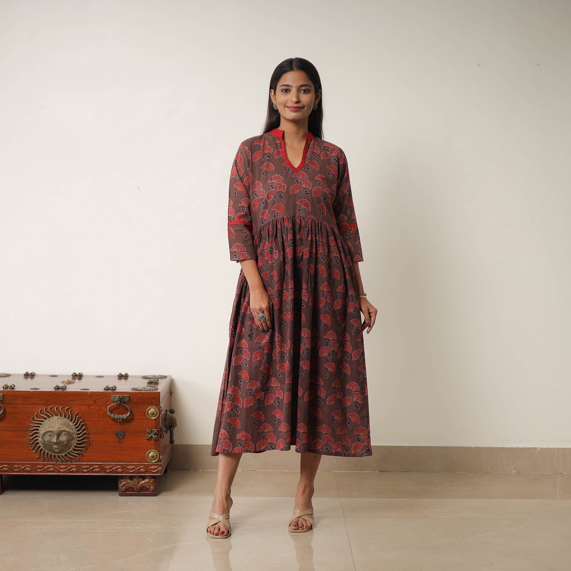 ITOKRI CASUALS Brown - Hand Block Print Cotton Flared Gher Ajrakh Dress 10 - view 2
