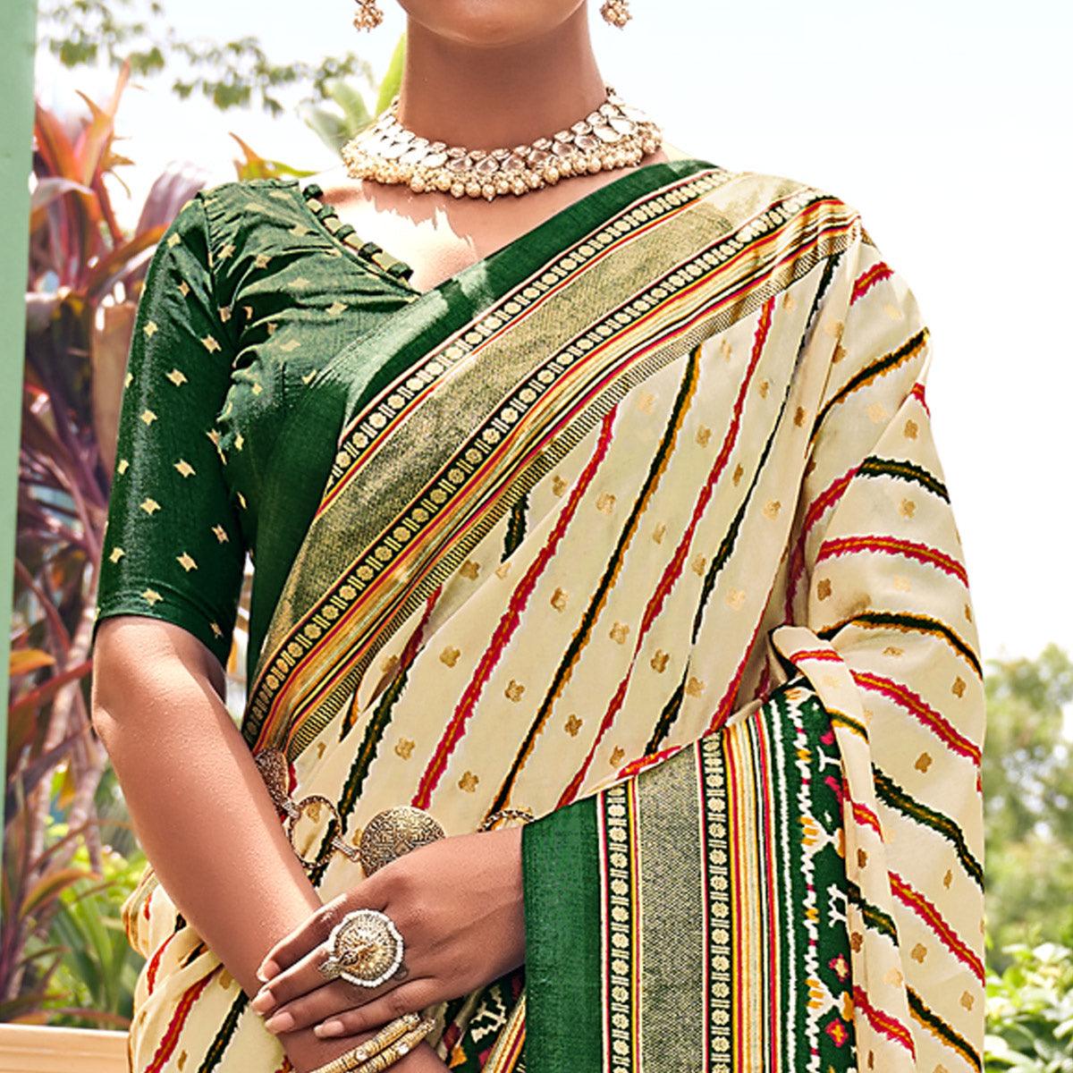 Peachmode Cream Patola Printed Silk Saree With Tassels - view 3