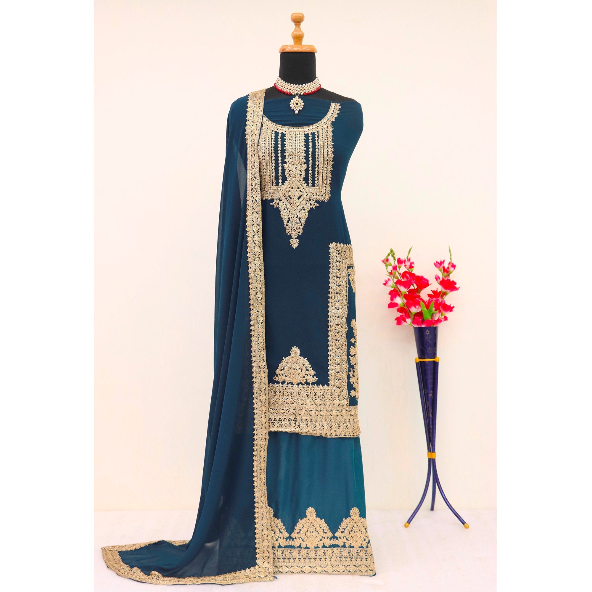 Peachmode Morpich Floral Sequins Embroidered Georgette Semi Stitched Salwar Suit - view 5