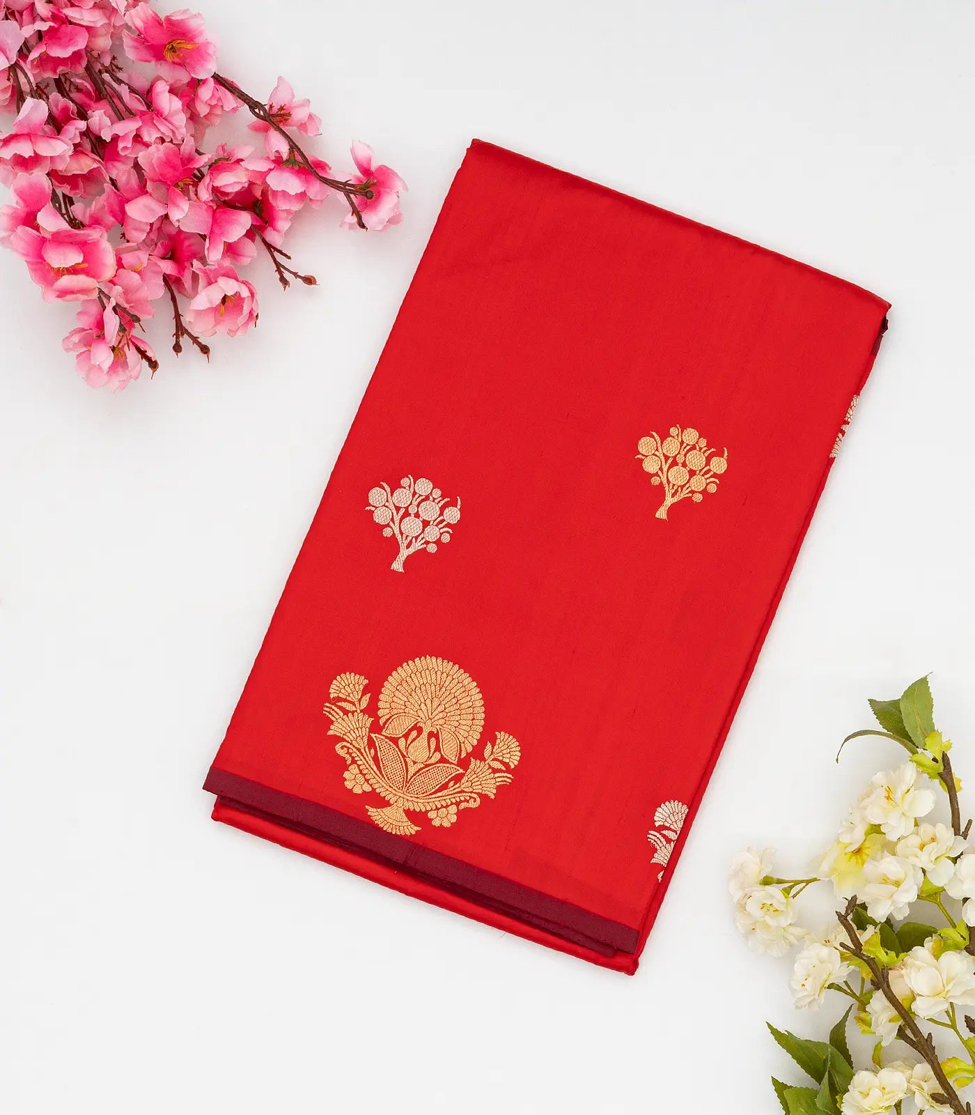 RmKV Red Handloom Banarasi Silk Saree With Floral Buttas