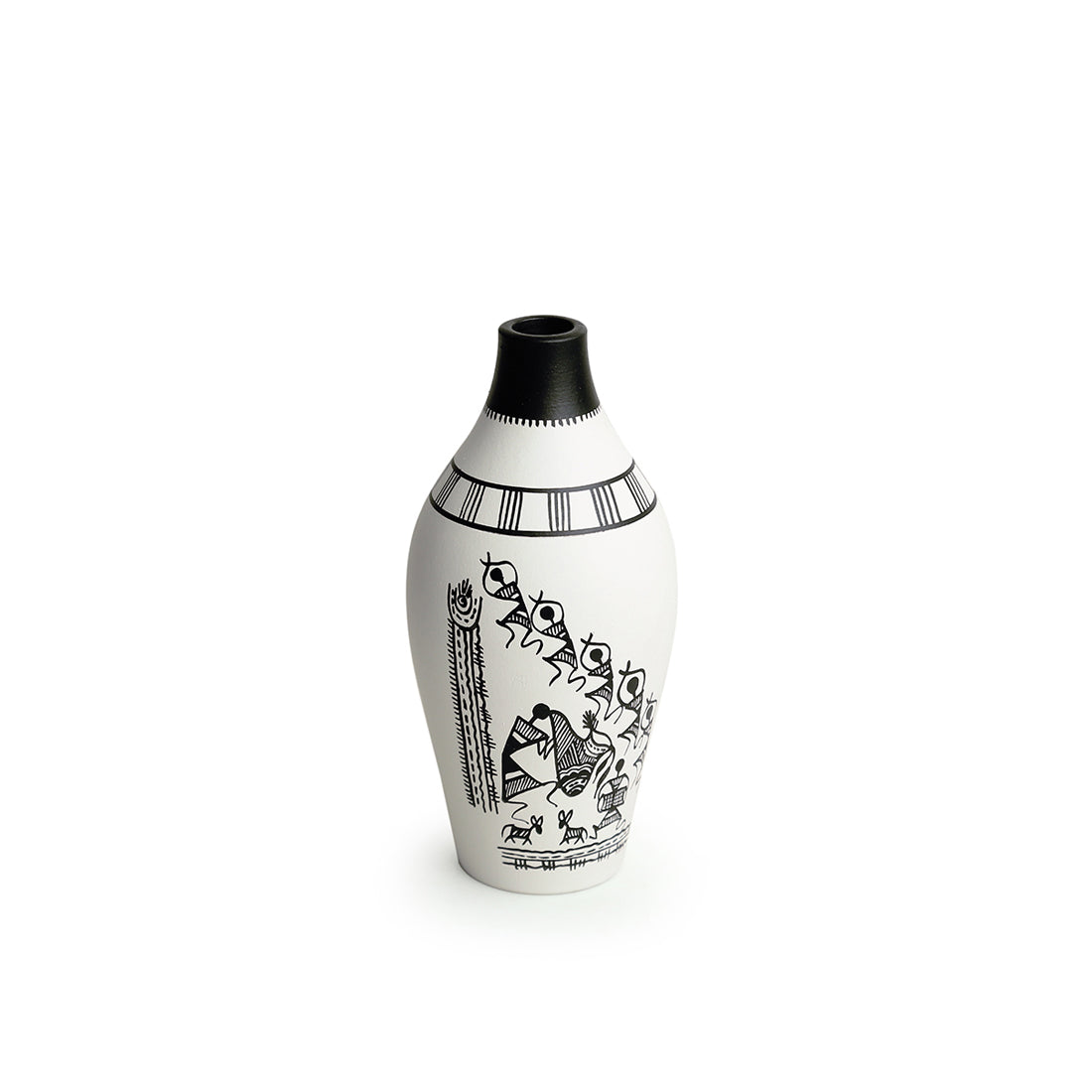 EXCLUSIVELANE 'The Warli Tales' Handpainted Terracotta Vases (Set of 3, White) - view 3