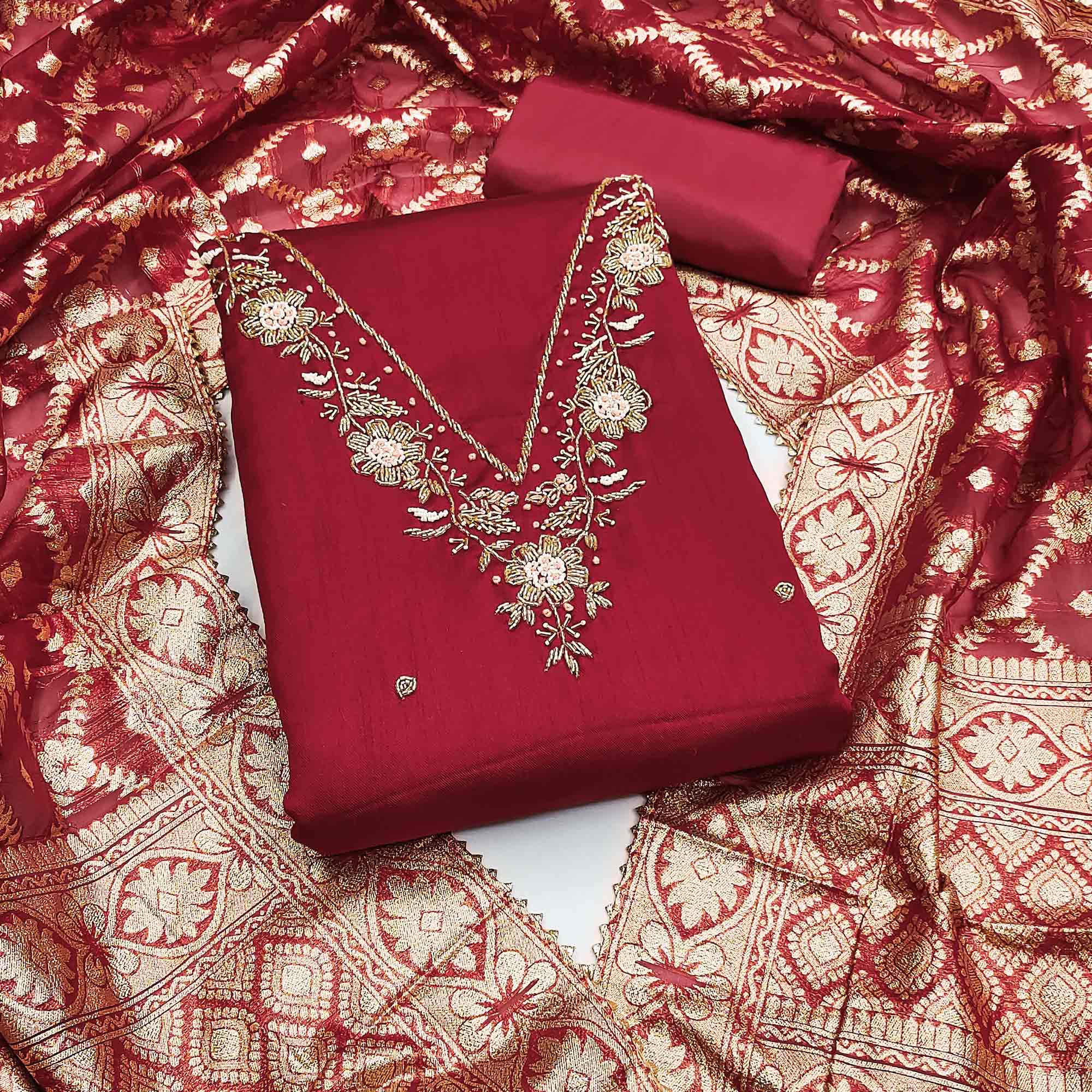 Peachmode Maroon Floral Hand Embroidered Cotton Blend Dress Material