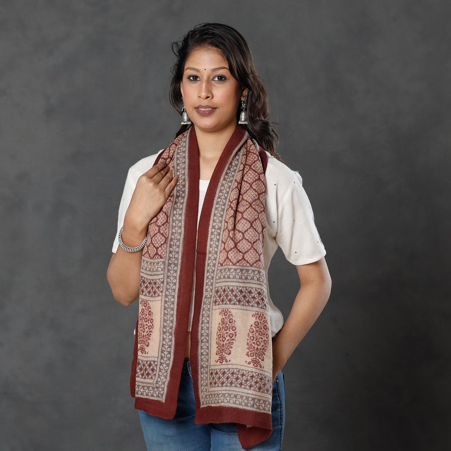 BAGH PRINTS BY MOHAMMED BILAL KHATRI Brown - Bagh Block Printed Natural Dyed Woolen Muffler (61 in)