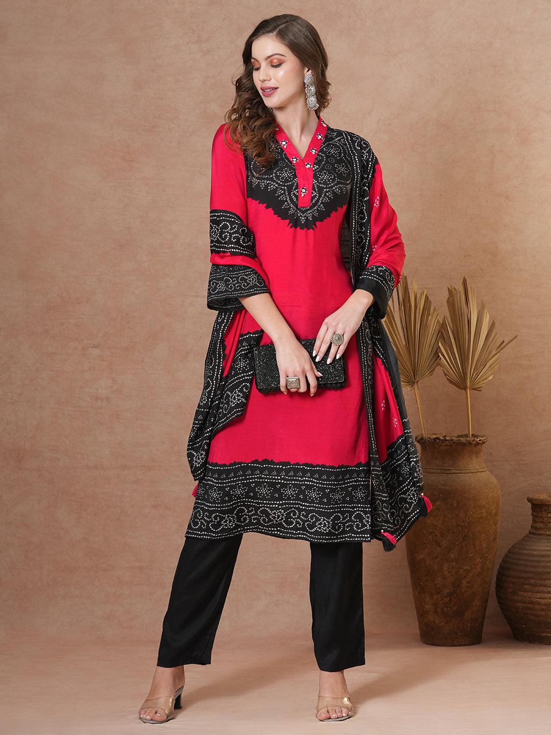 FASHOR Solid Bandhani Printed Embroidered Straight Fit Kurta with Pant & Dupatta - Red
