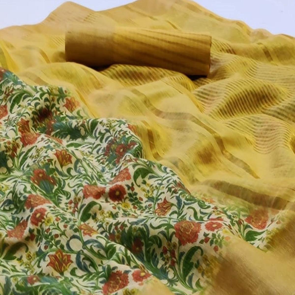 Peachmode Flamboyant Cream Colored Festive Wear Woven Linen Saree - view 2