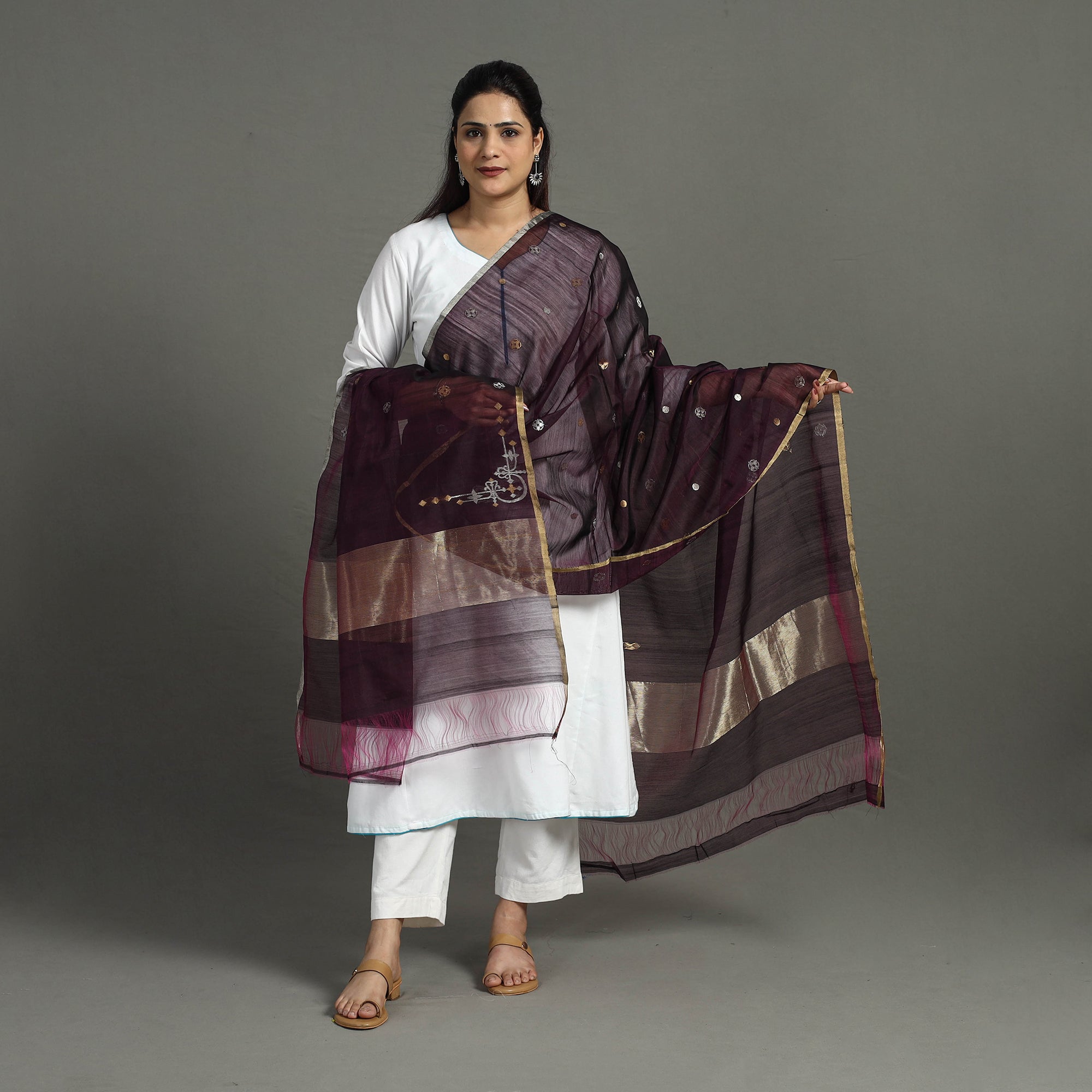 CHANDERI BY RAUPH KHAN Brown - Handloom Silk Cotton Zari Buti Chanderi Dupatta 19 - view 2