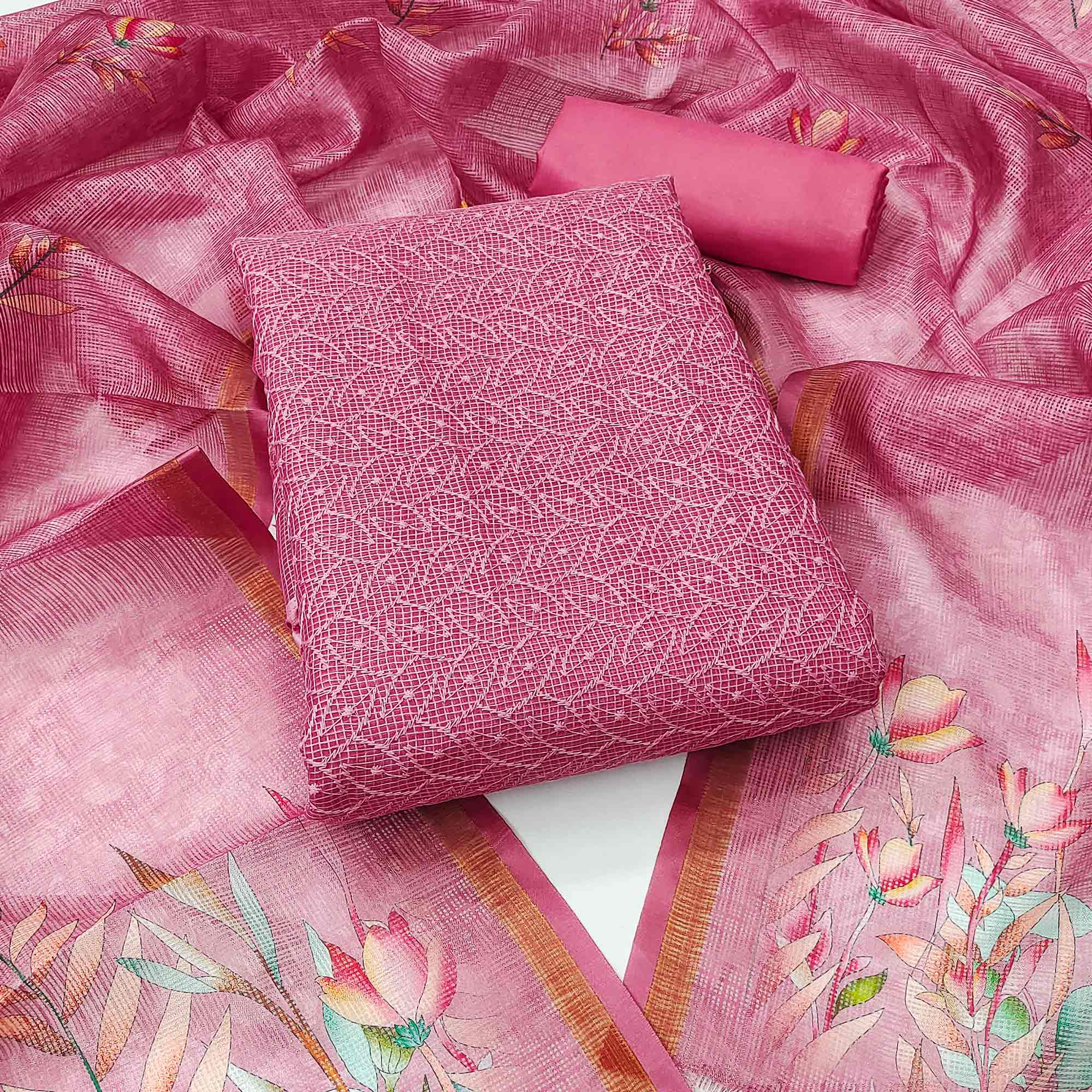 Peachmode Pink Embroidered Kota Doria Dress Material