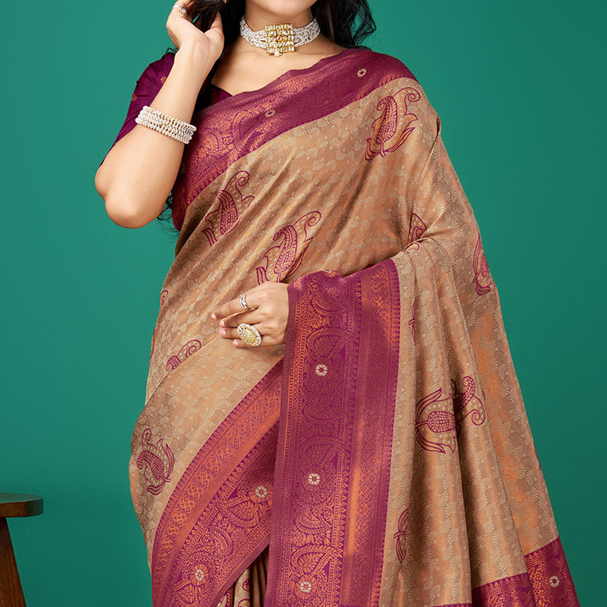 Peachmode Chikoo Zari Woven Banarasi Silk Saree With Tassels - view 3