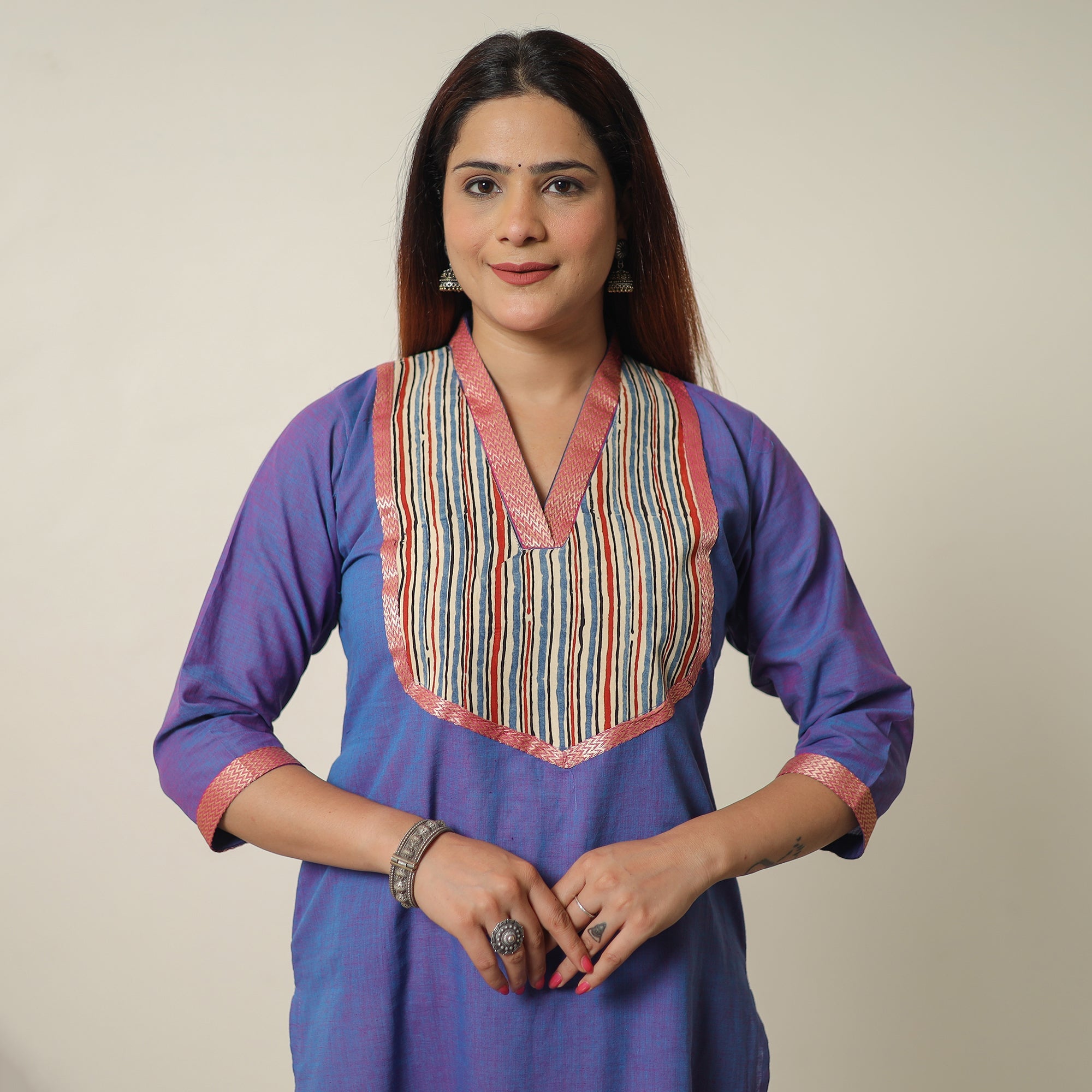 ITOKRI CASUALS Blue - Dharwad Cotton Straight Kurta with Ajrakh Patchwork 17