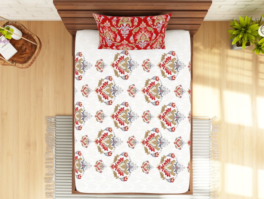 Spaces India Ornate Poppy Red - Red 100% Cotton Single Bedsheet - Atrium Ecom By Spaces - view 3
