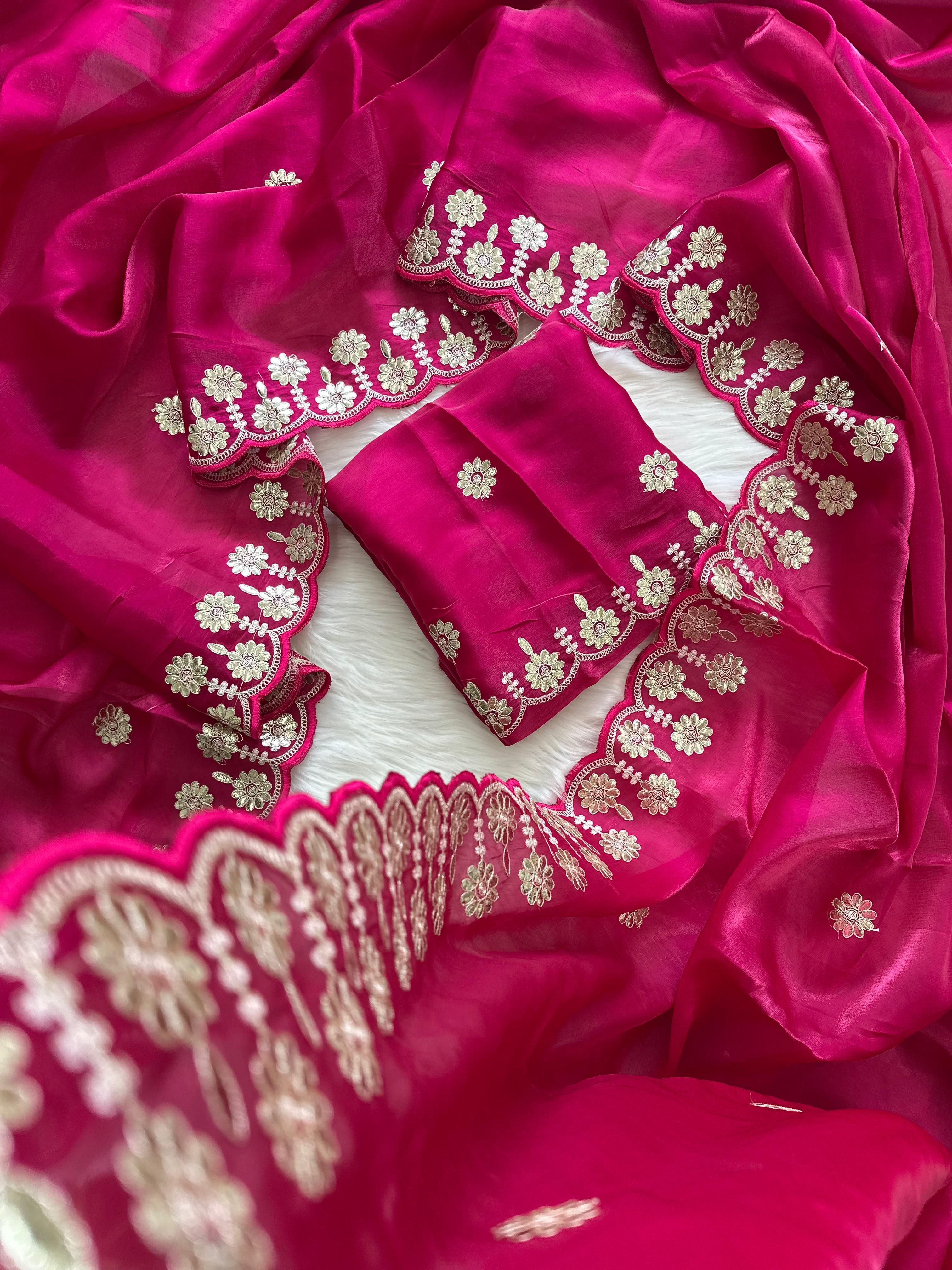 ClothsVilla Magenta Jimmy Choo Saree with Beautiful Jaipuri Gota Work – Complete with Matching Running Blouse - view 2