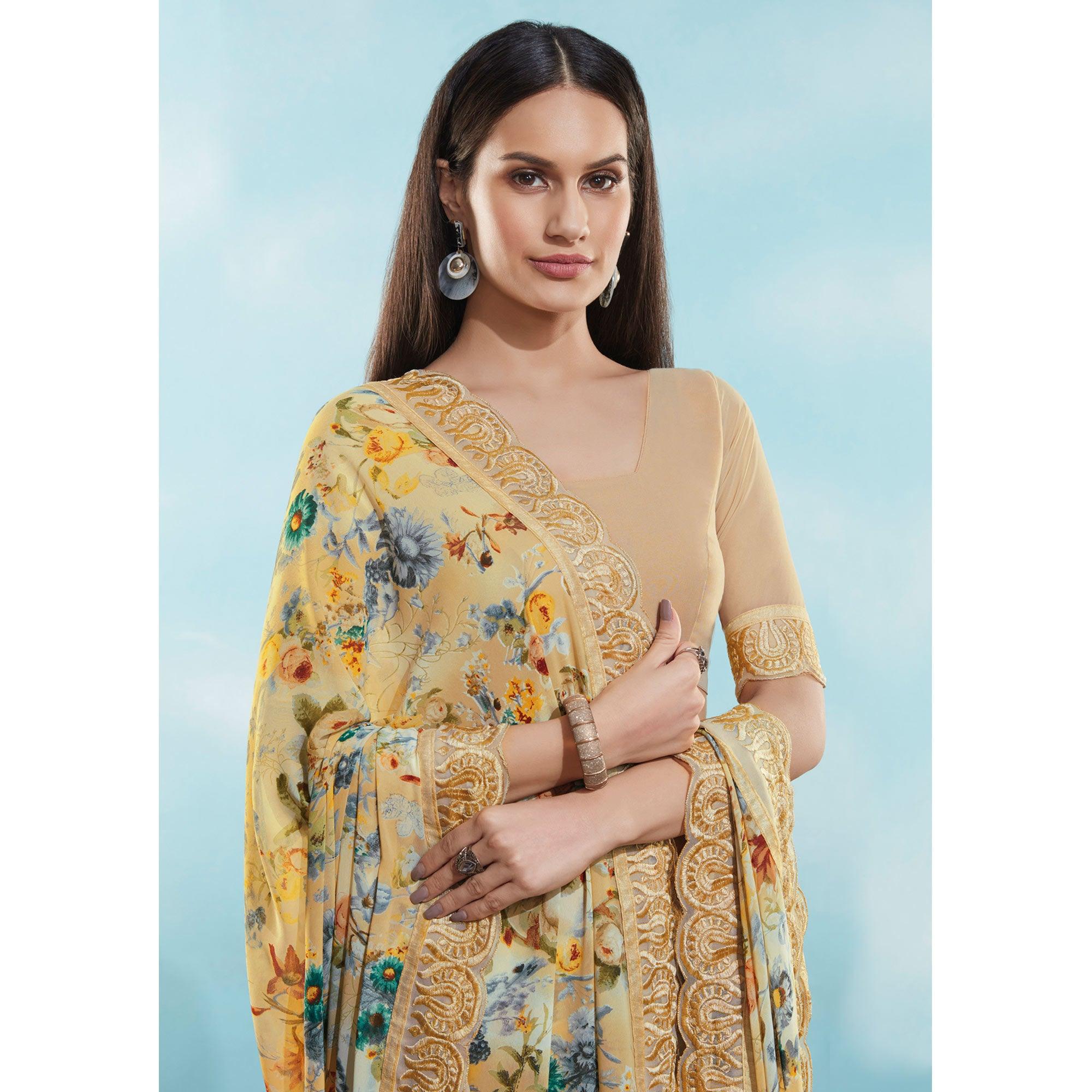 Peachmode Cream Floral Printed With Embroidered Border Georgette Saree - view 4