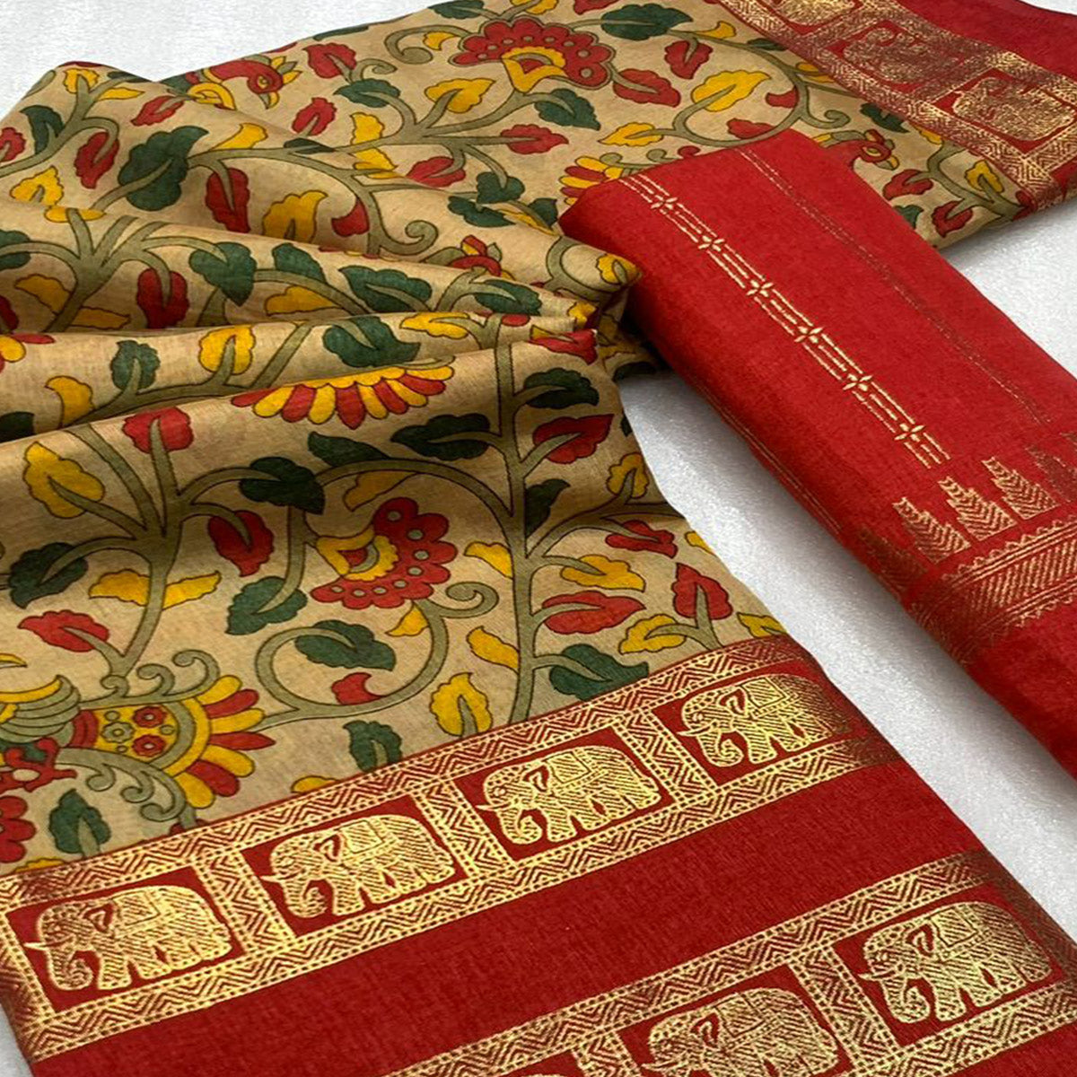 Peachmode Chikoo Floral Kalamkari Printed Dola Silk Saree - view 2